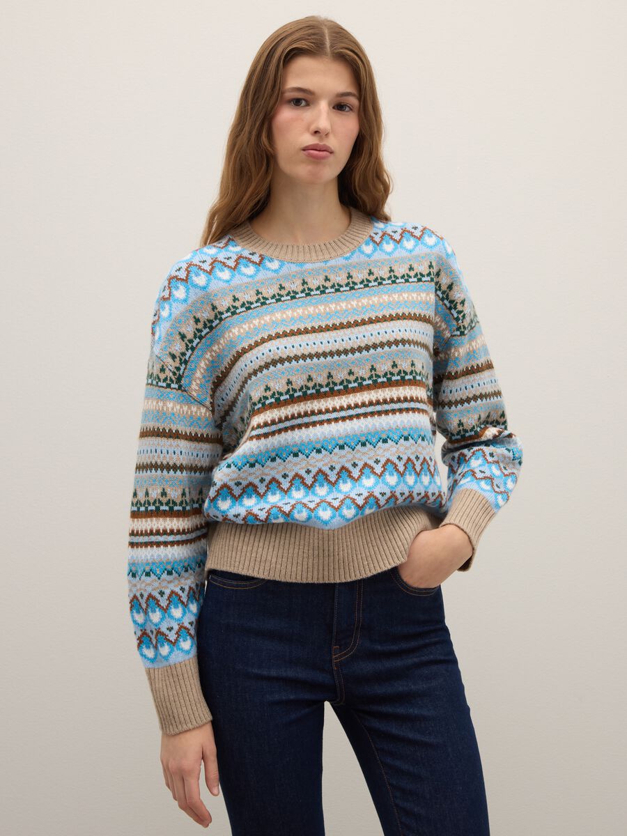 Multicolour Crew Neck Sweater with Geometric Pattern, Regular Fit_1