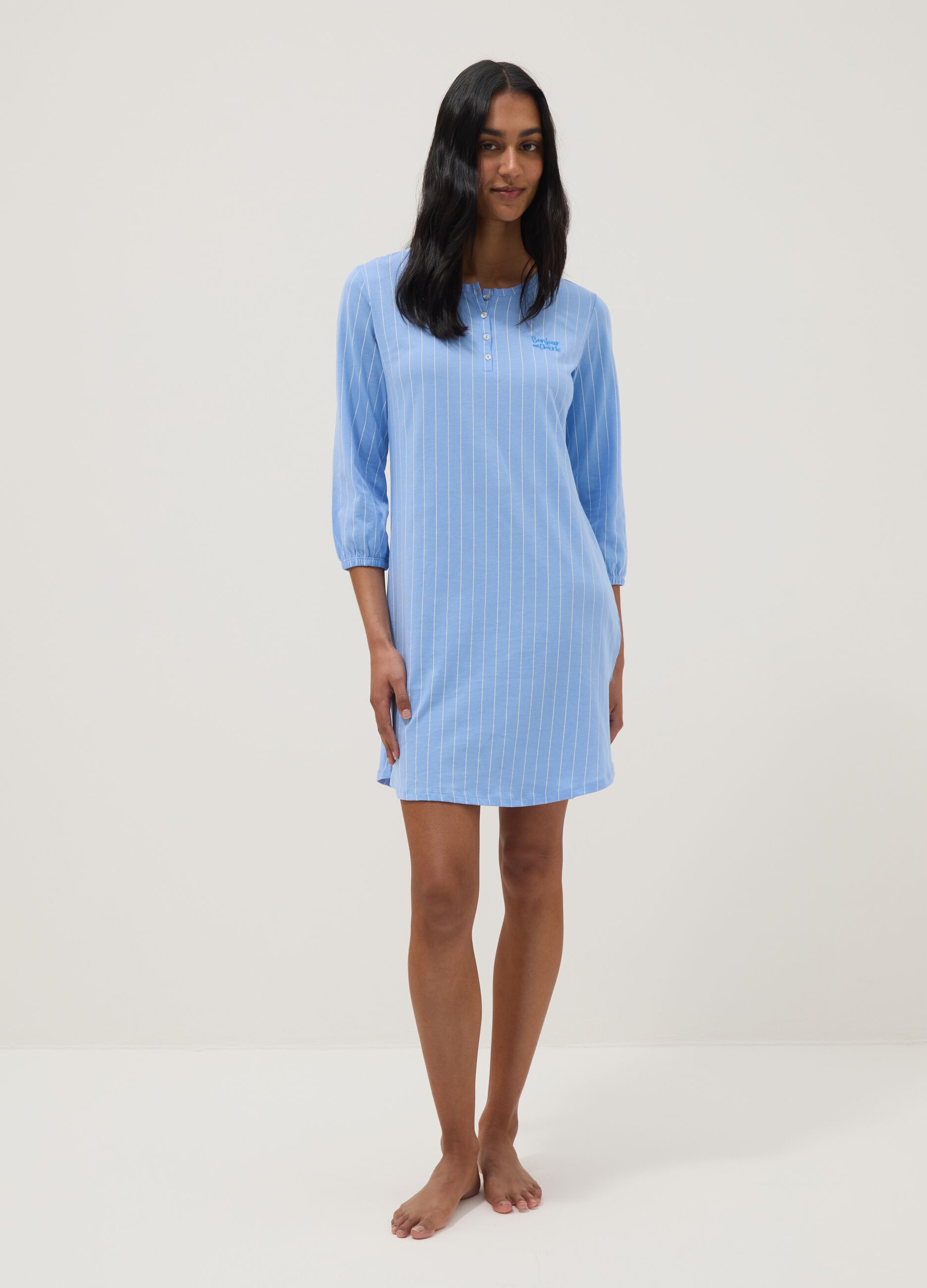 Sky blue pure cotton striped nightshirt with regular fit and serafino collar