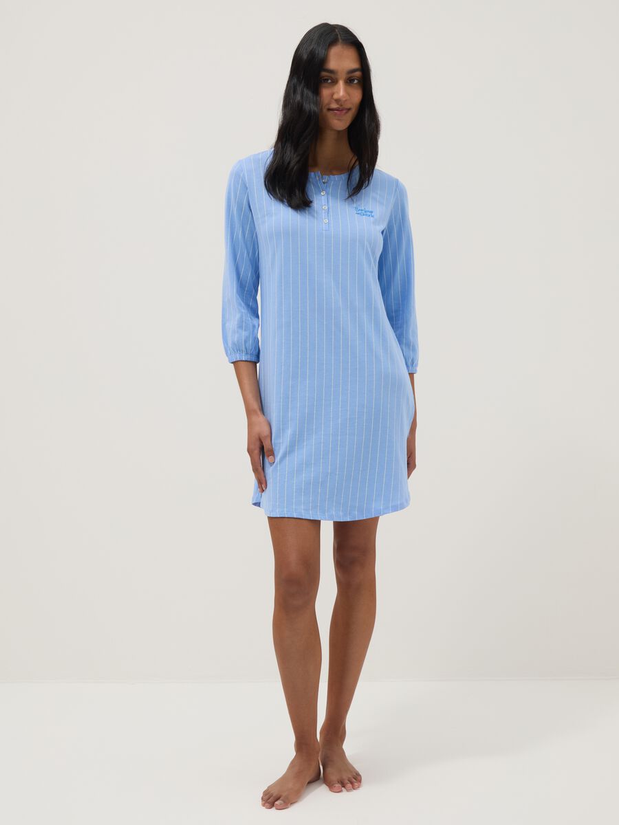 Sky blue pure cotton striped nightshirt with regular fit and serafino collar_0