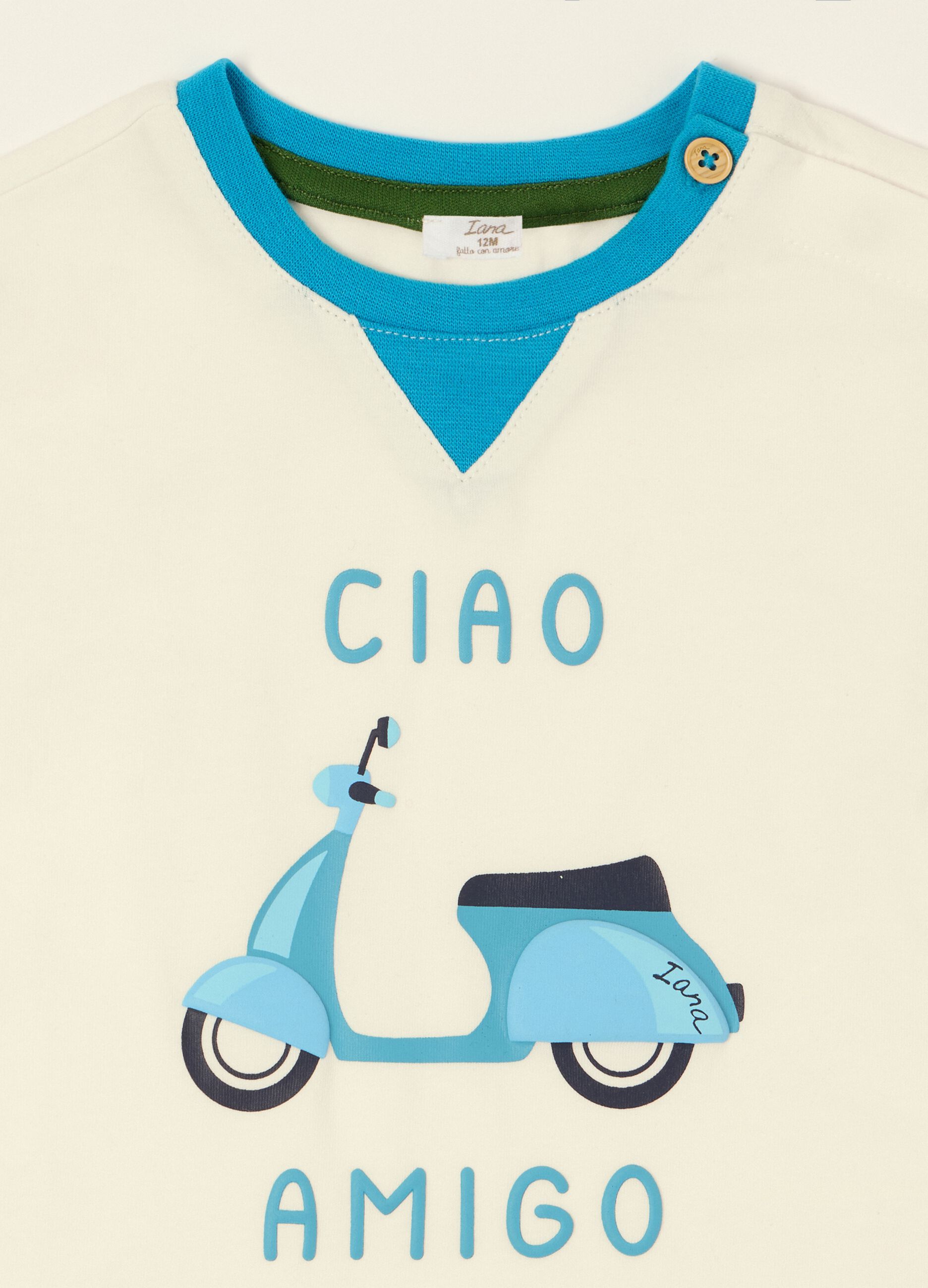 White baby T-shirt with scooter print in stretch cotton