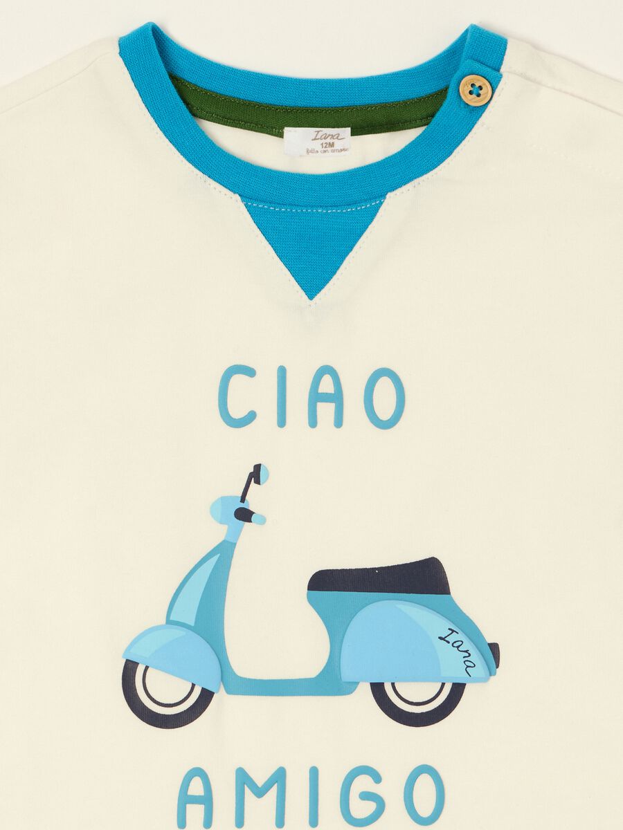 White baby T-shirt with scooter print in stretch cotton_1