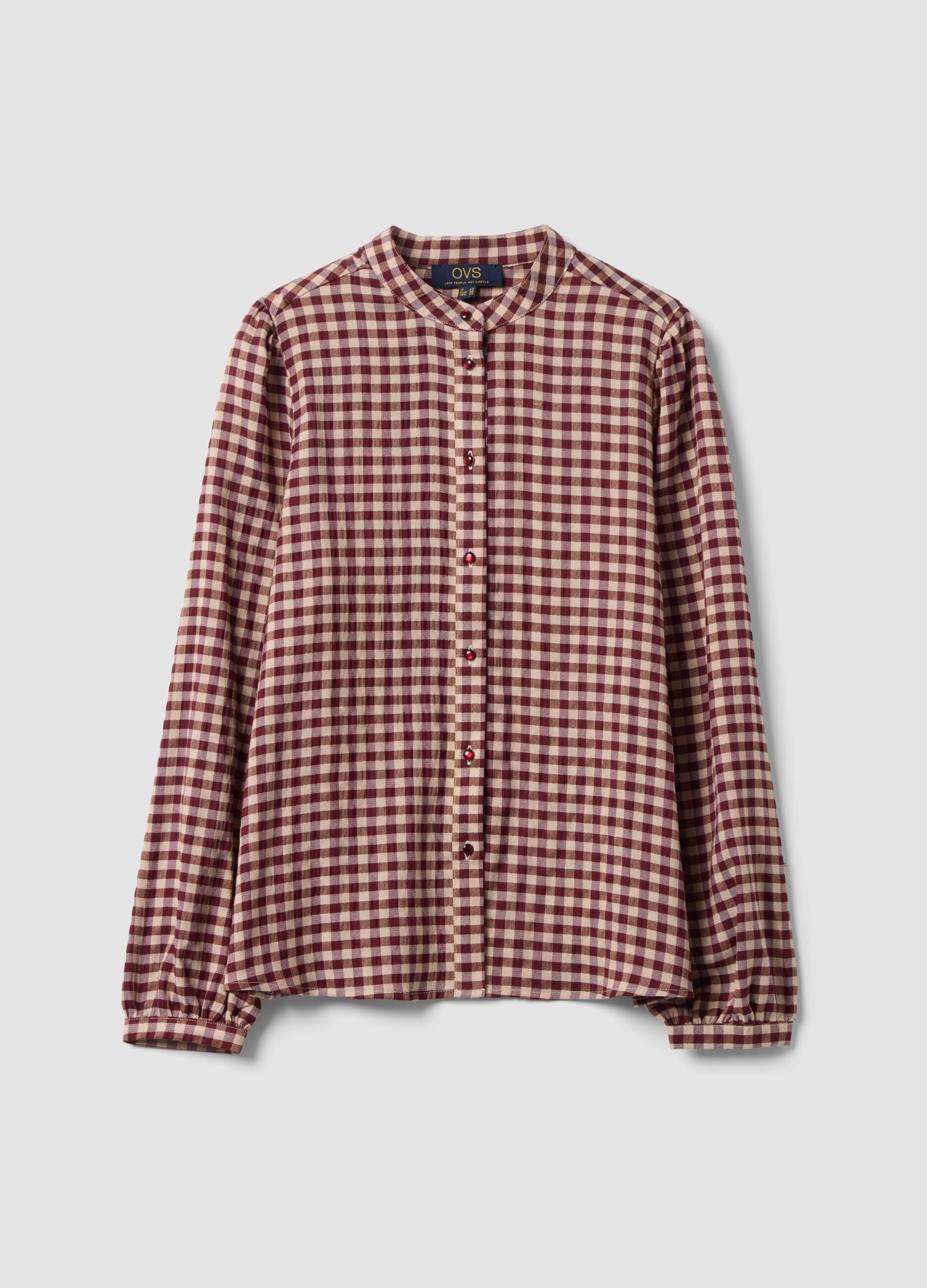 White checked stretch viscose shirt with mandarin collar