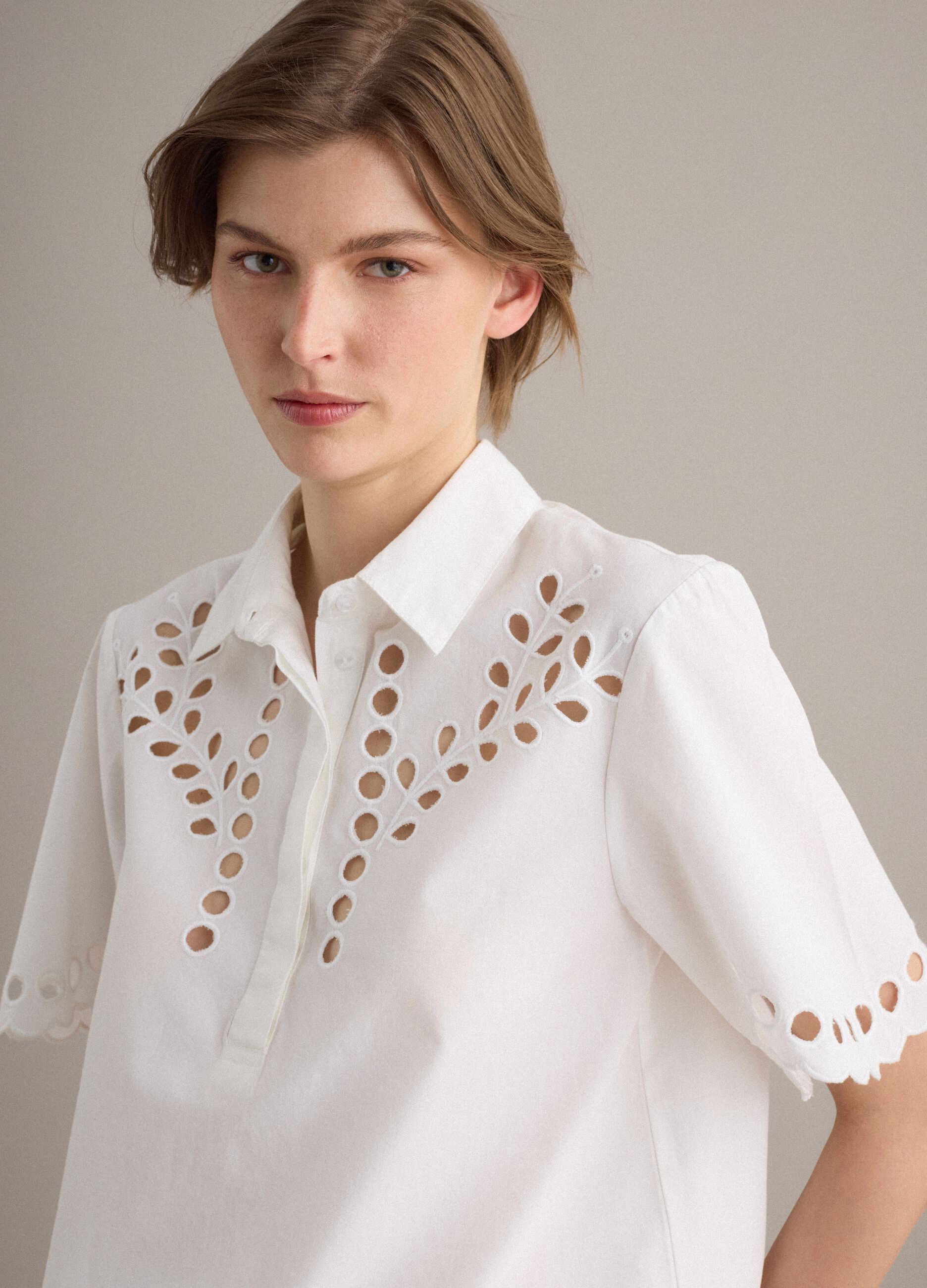 White pure cotton shirt with broderie anglaise detailing