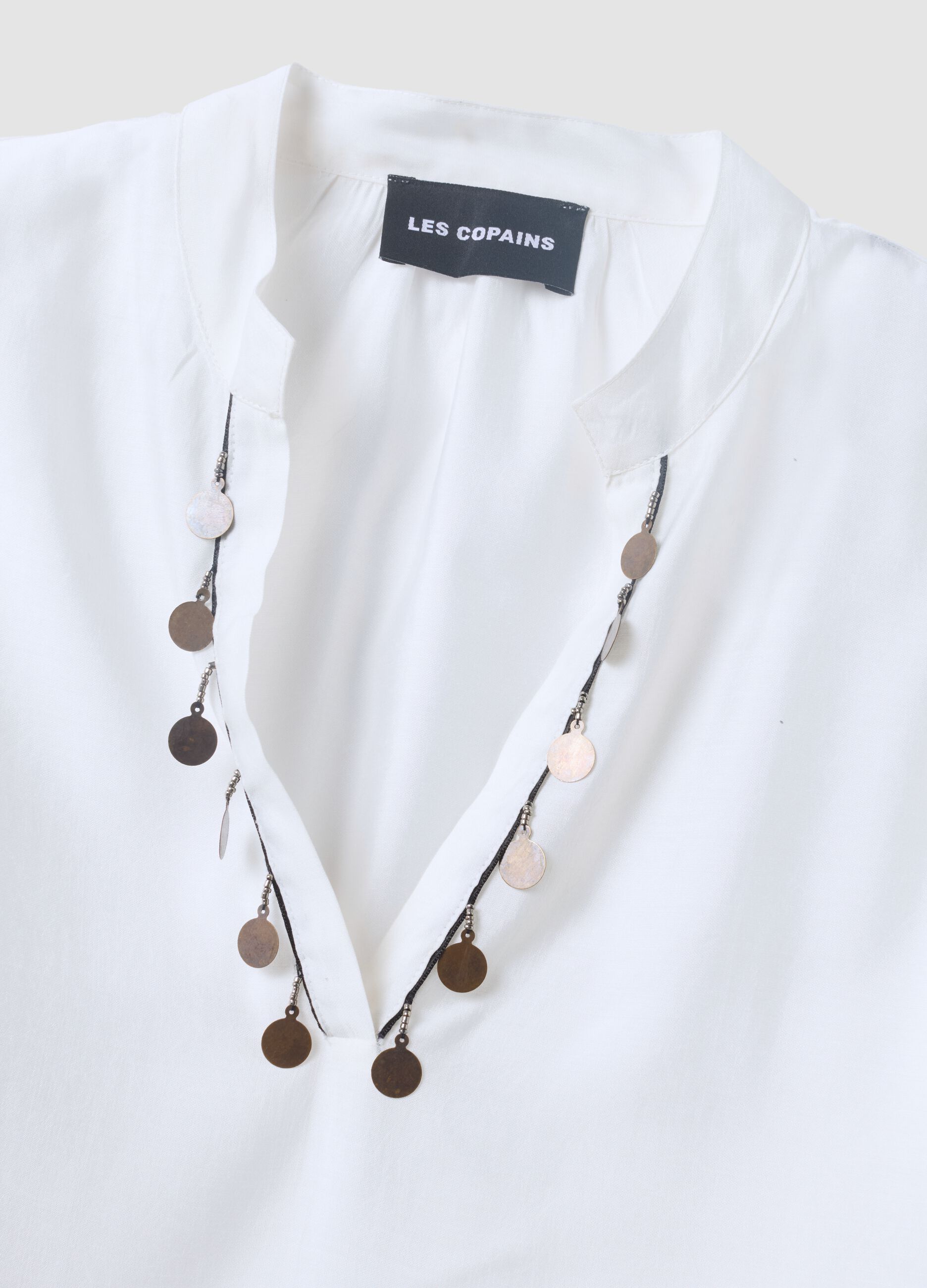 White viscose-blend shirt with charms and V-neck regular fit