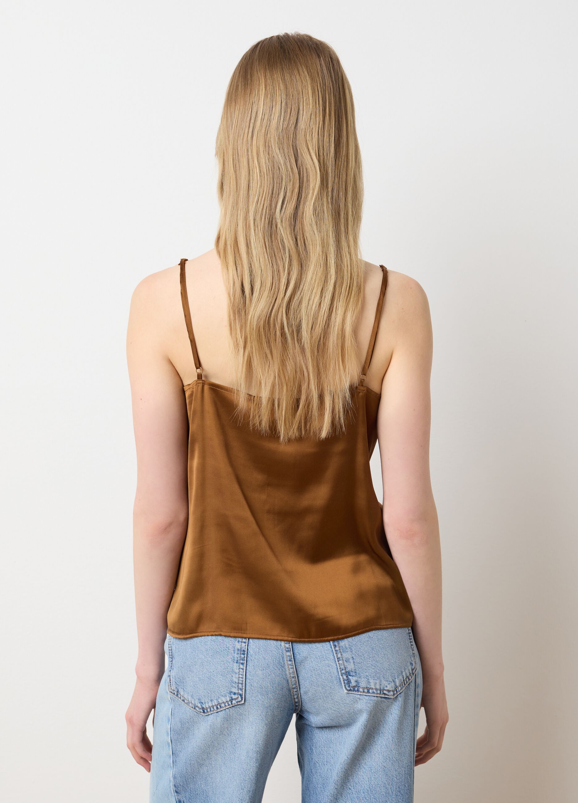 Brown satin blend women's slim fit top with lace