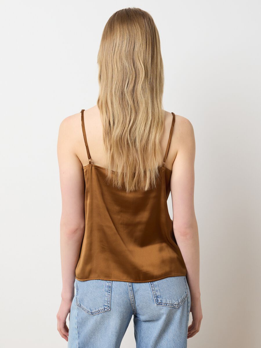 Brown satin blend women's slim fit top with lace_3