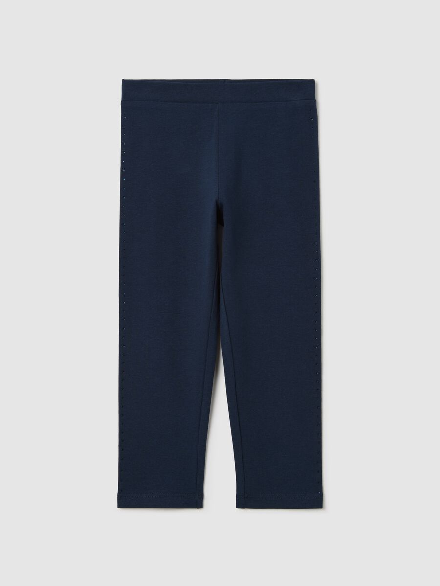 Blue three-quarter leggings in stretch cotton with diamantés_0