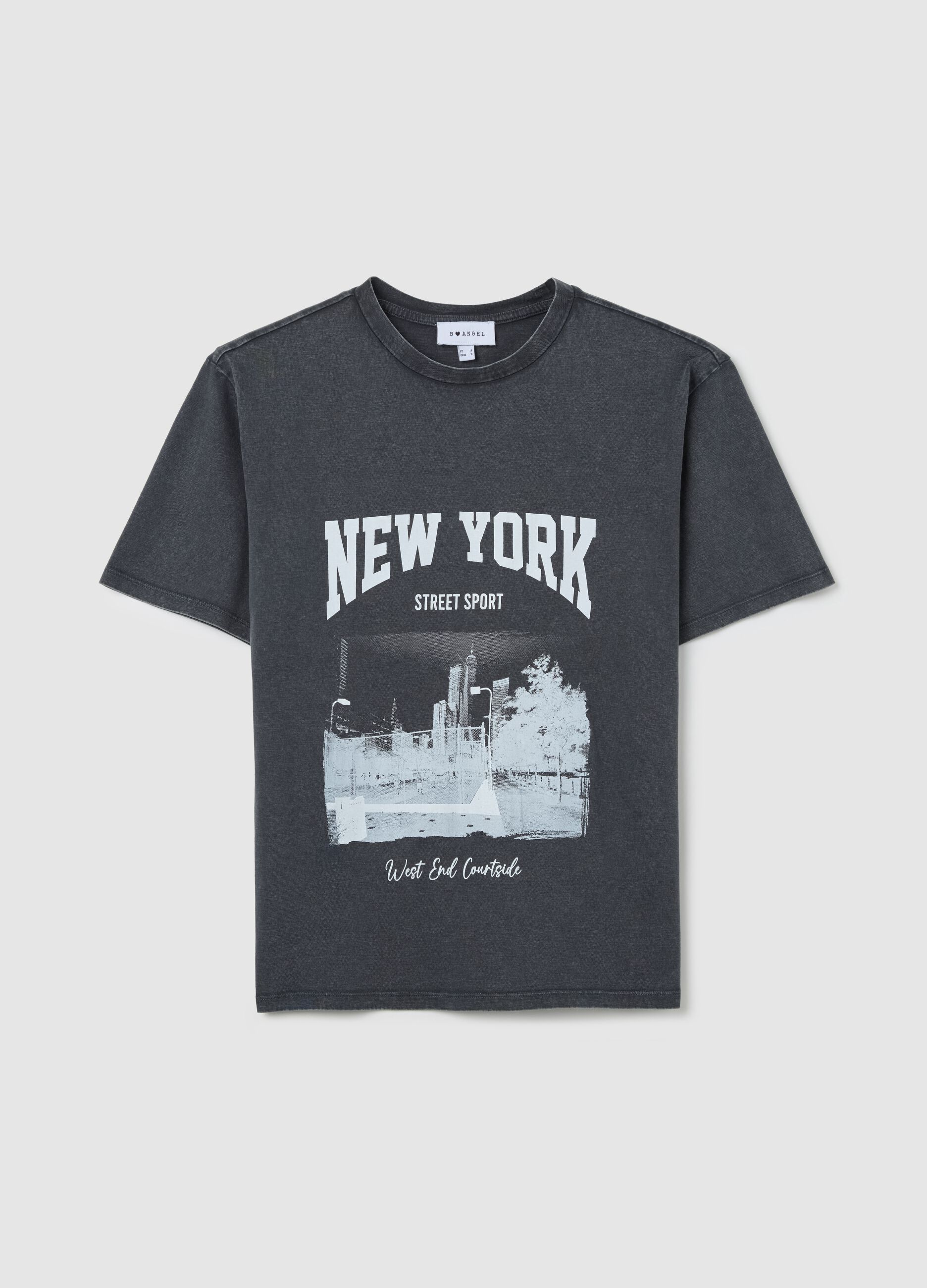 T-shirt nera in cotone con stampa città