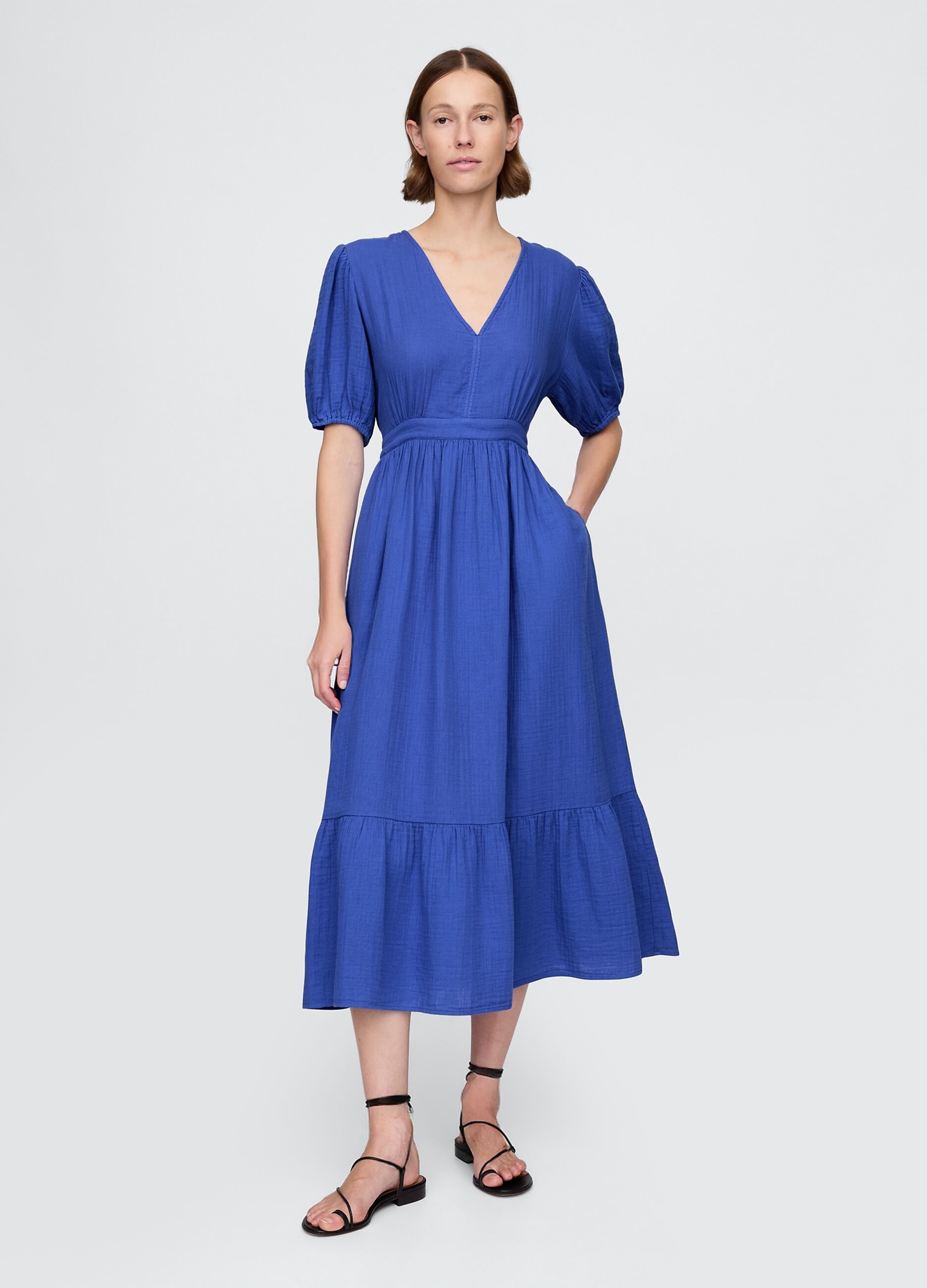 Blue Midi Dress with Short Sleeves