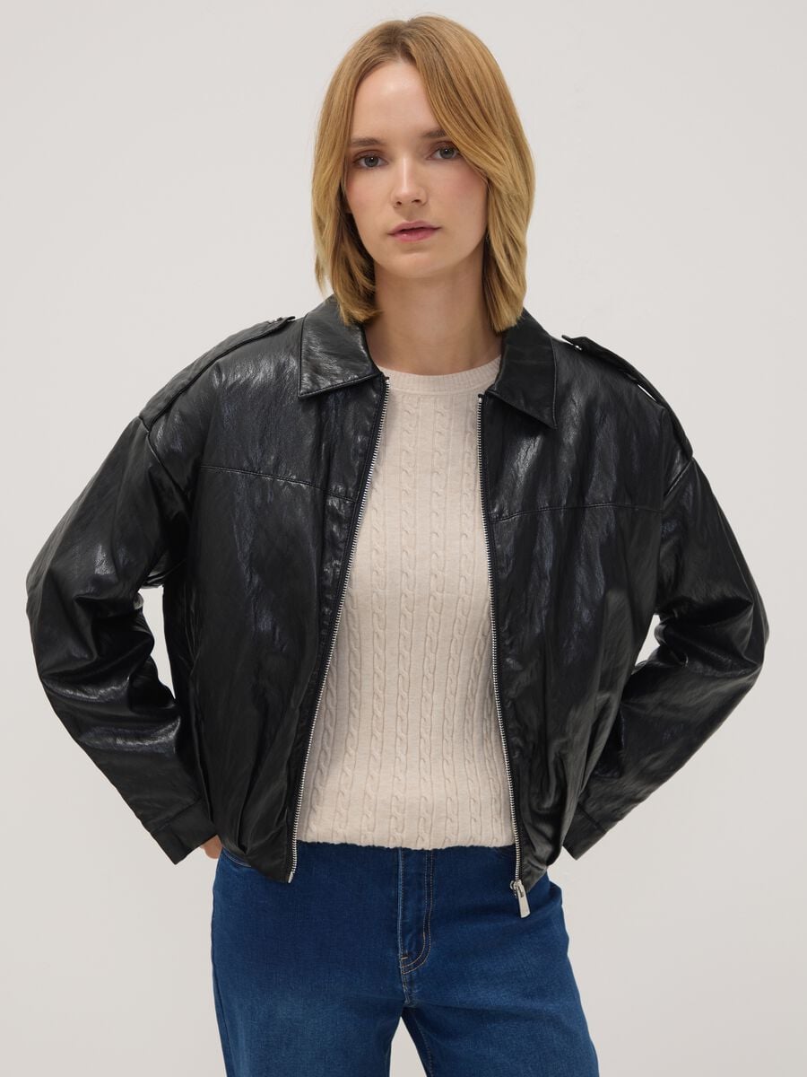 Giacca nera in misto cotone con zip regular fit_1