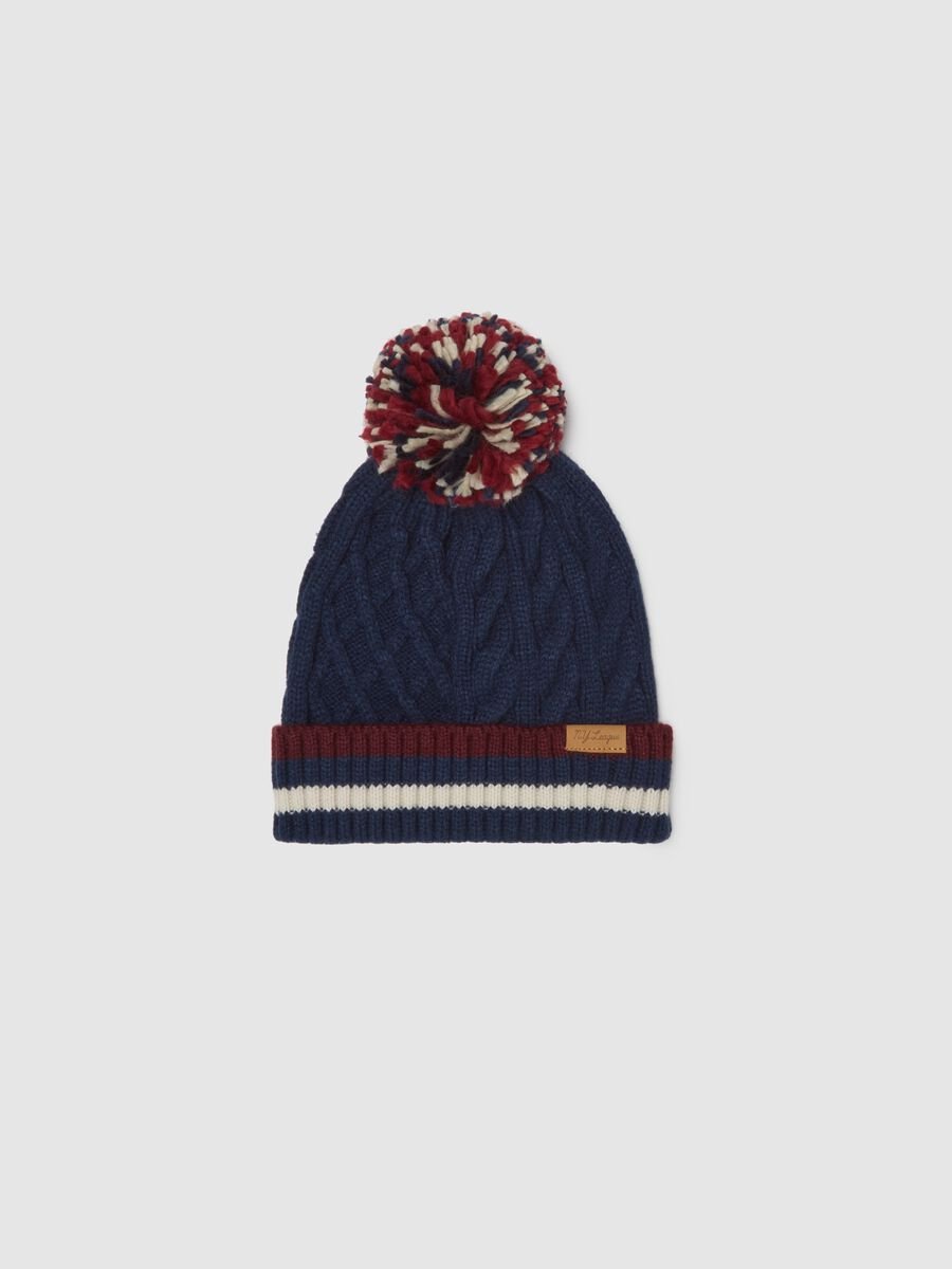 Heavy blue knitted hat with pompom_0
