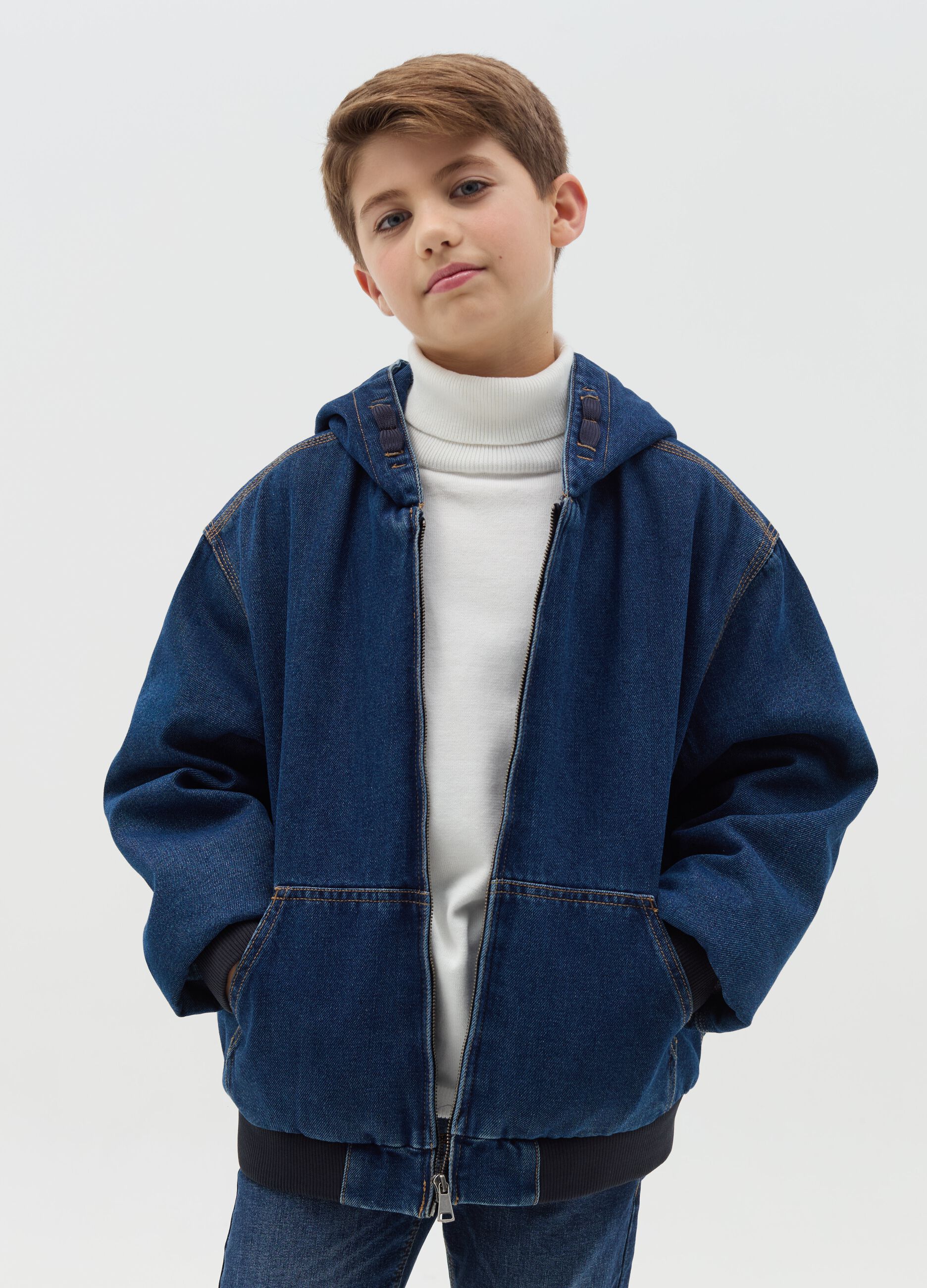 Denim bomber jacket with hood