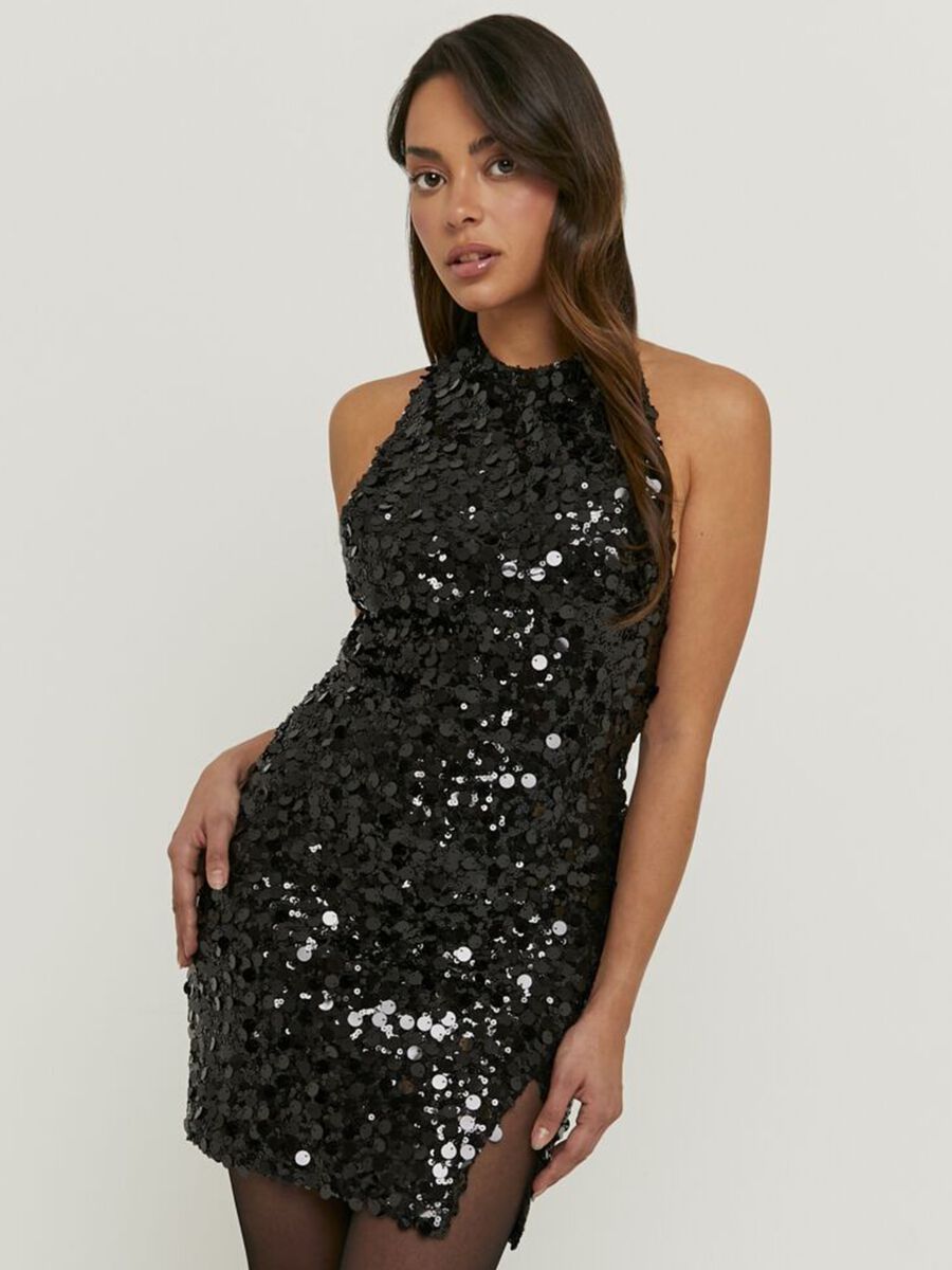 Black regular fit dress with sequins_1
