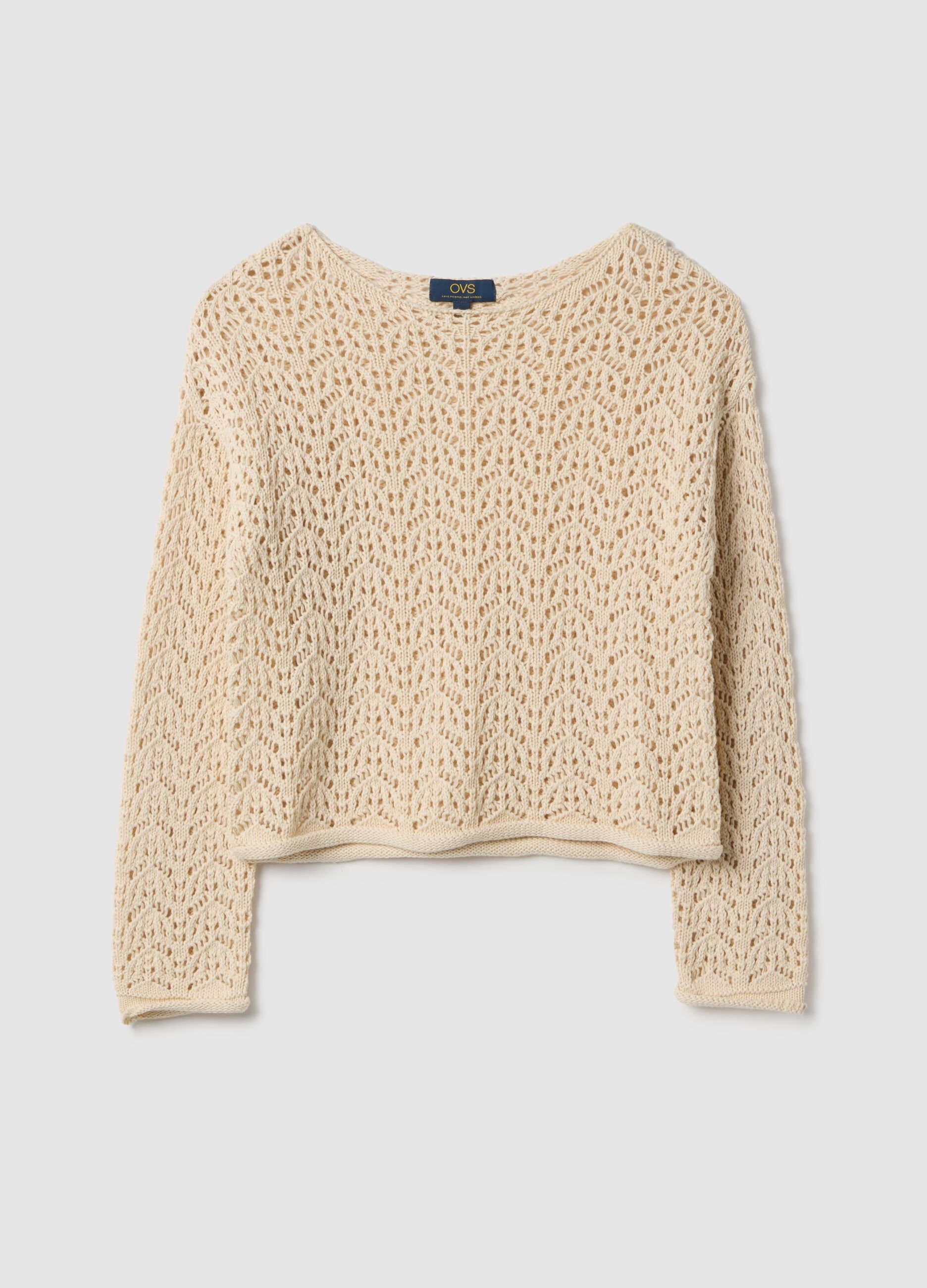 Beige pure cotton jumper regular fit with perforated design