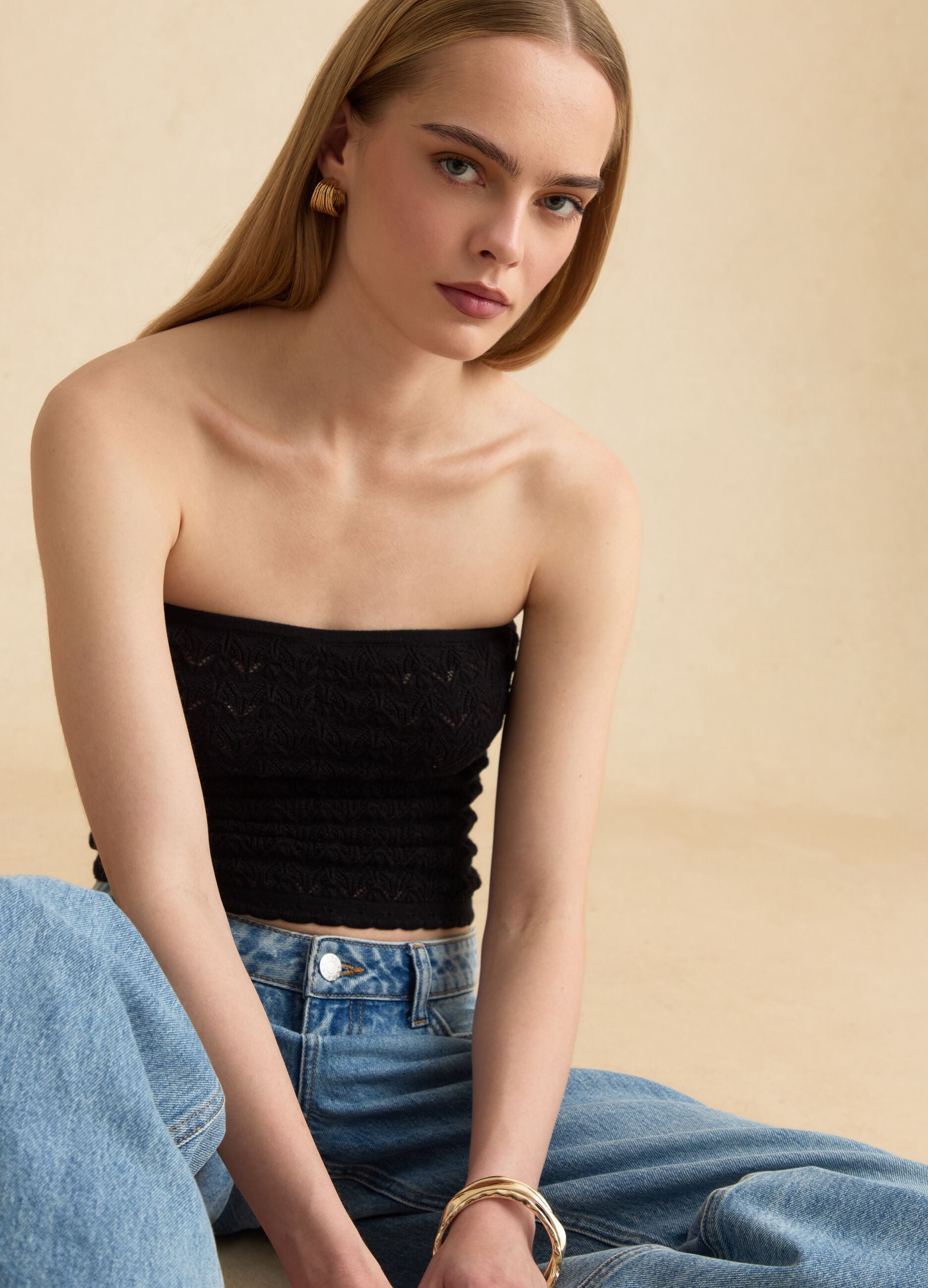 Black pure cotton bandeau knit top