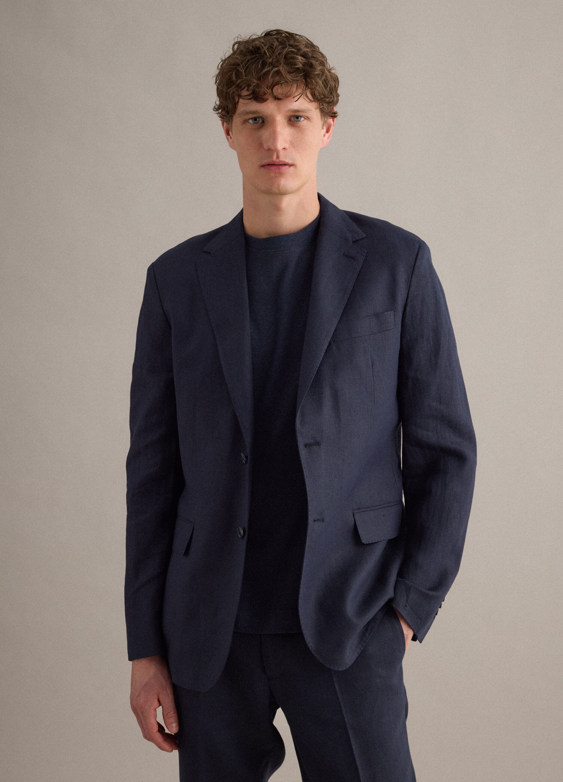 Blue Pure Linen Blazer Regular Fit