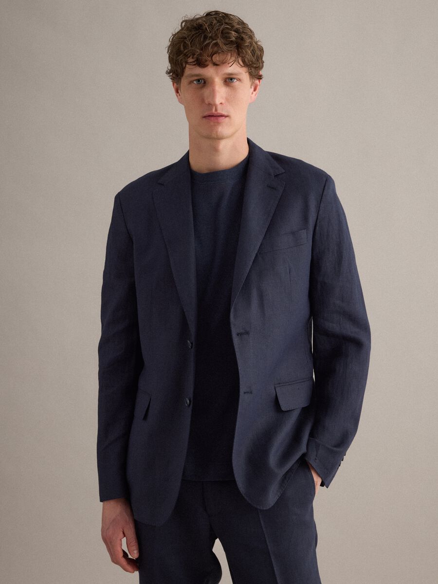 Blazer in puro lino blu regular fit_0