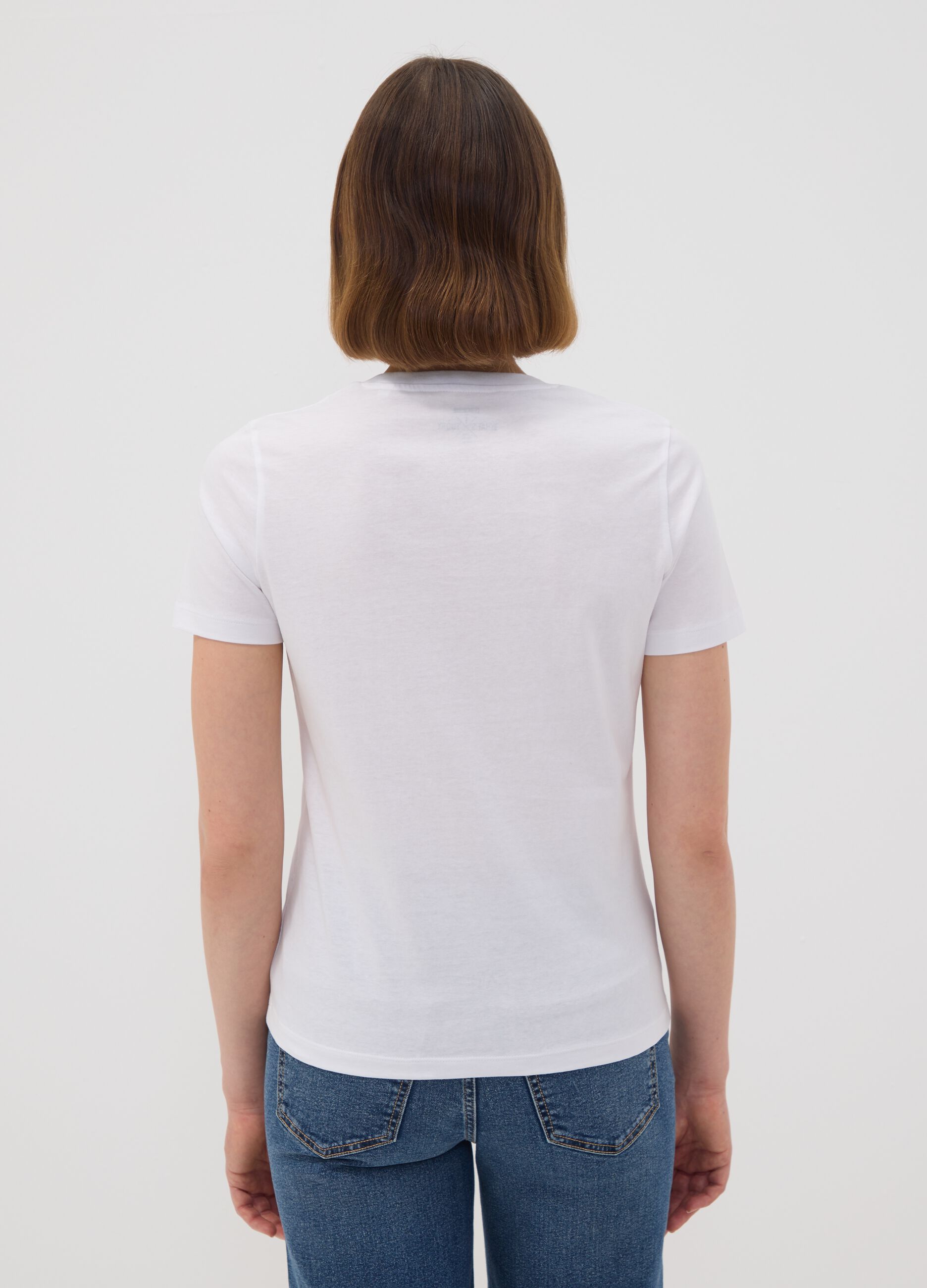 White pure cotton jersey T-shirt with dog print, regular fit