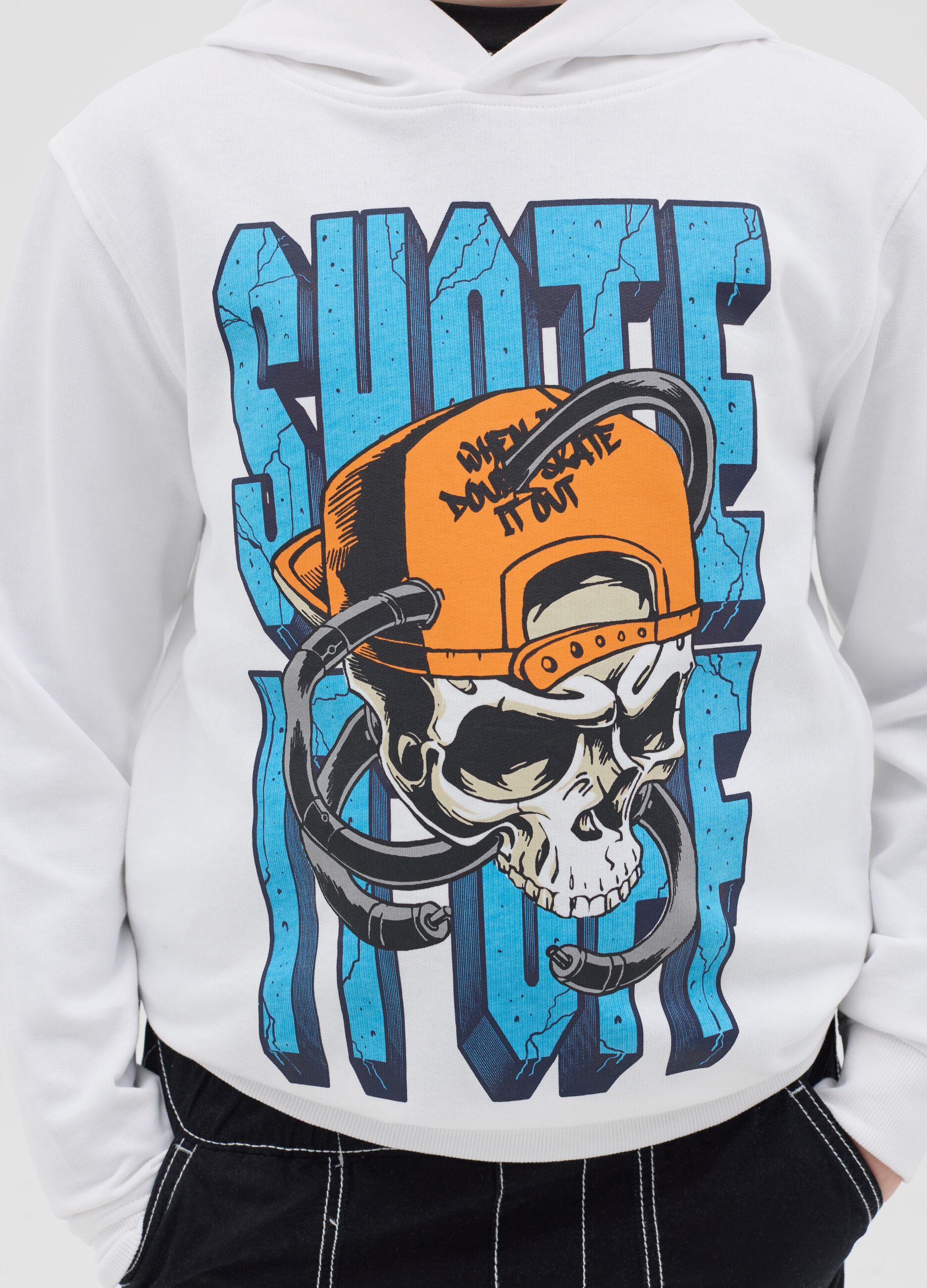 French terry sweatshirt with "Skate it OFF" and hood