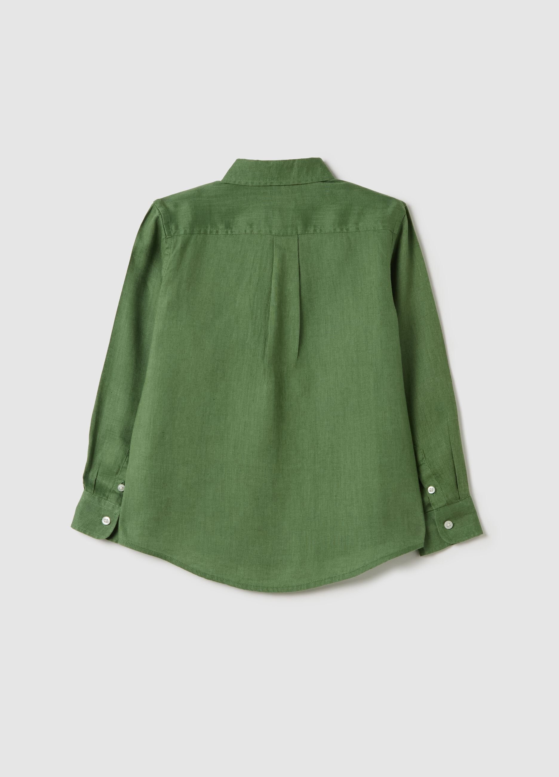Camicia verde in lino con ricamo logo