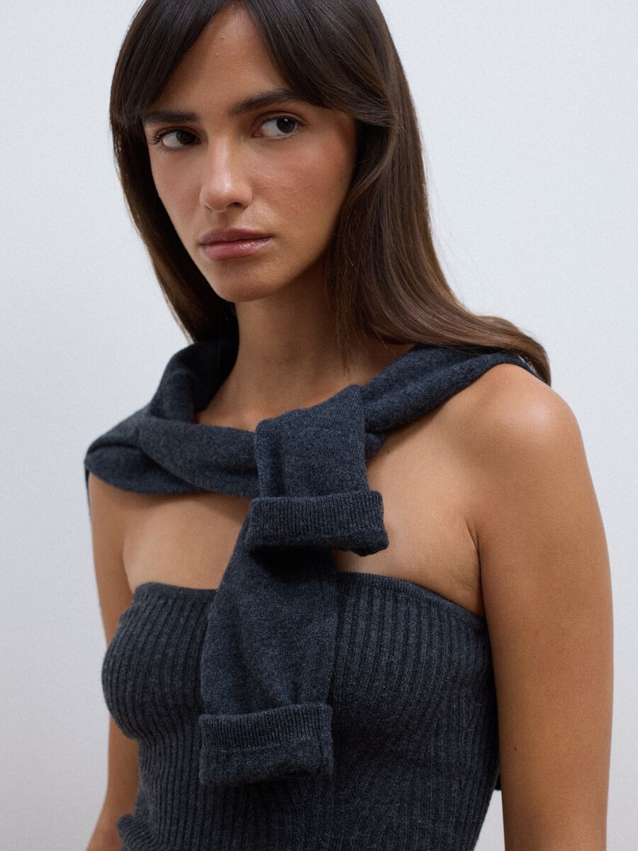 Grey rib-knit bandeau top in wool blend_0