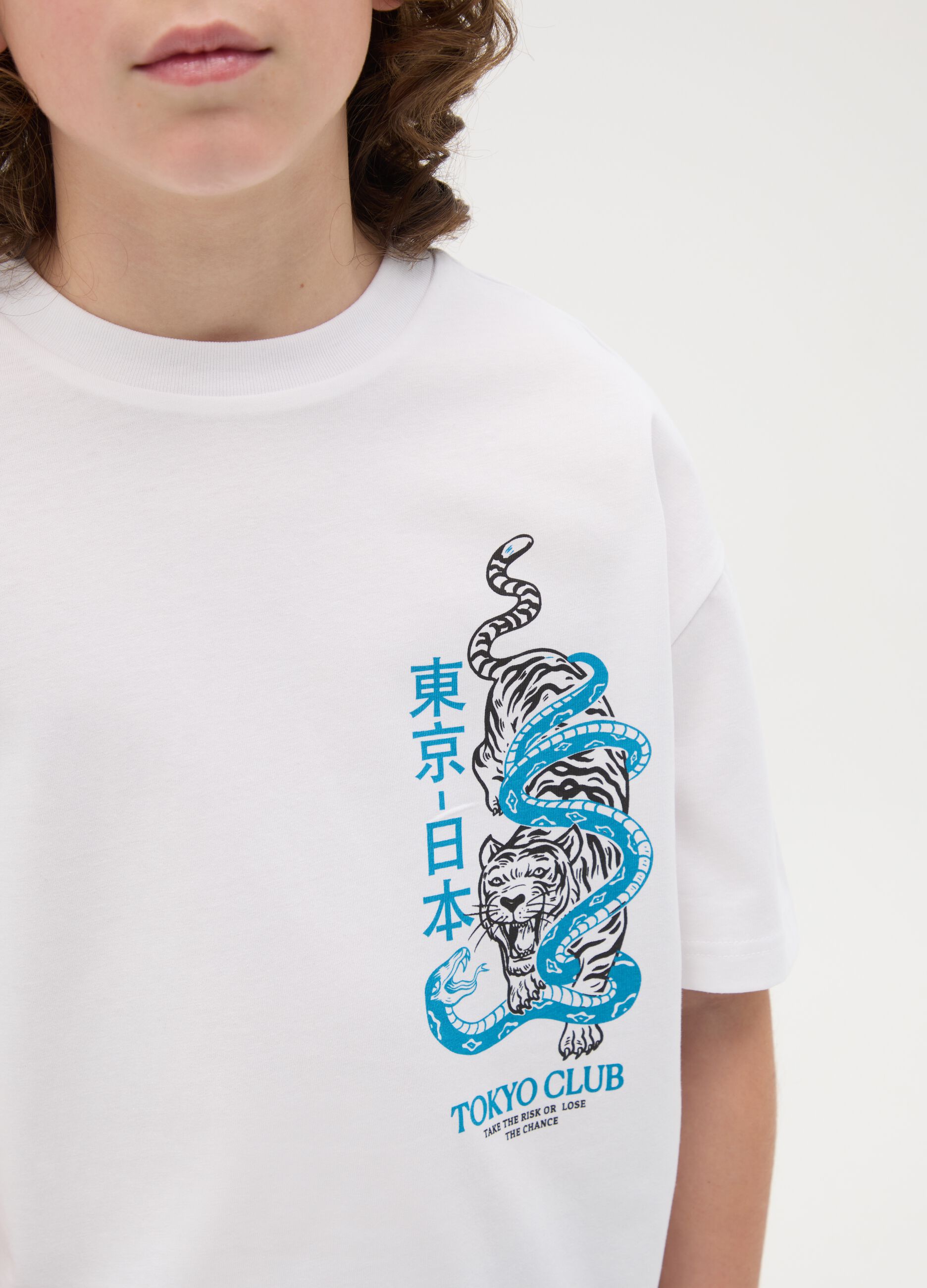 Cotton T-shirt with tigers and “TOKYO CLUB” print