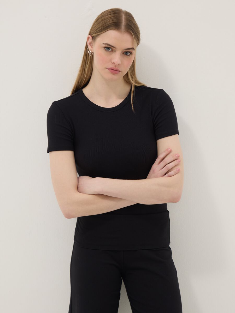Black slim fit stretch cotton top_0