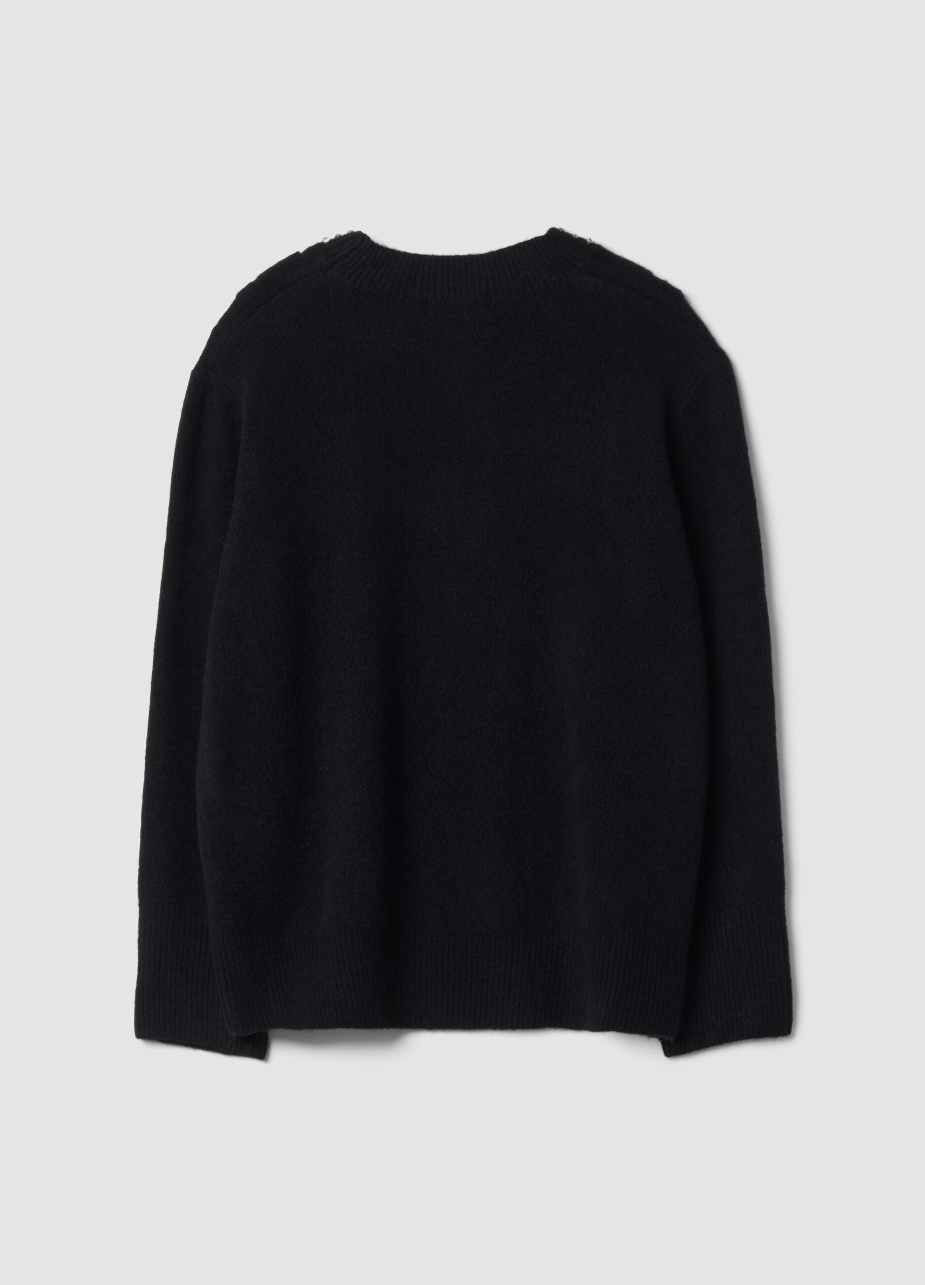 Black stretch wool-blend jumper with rhinestones, regular fit