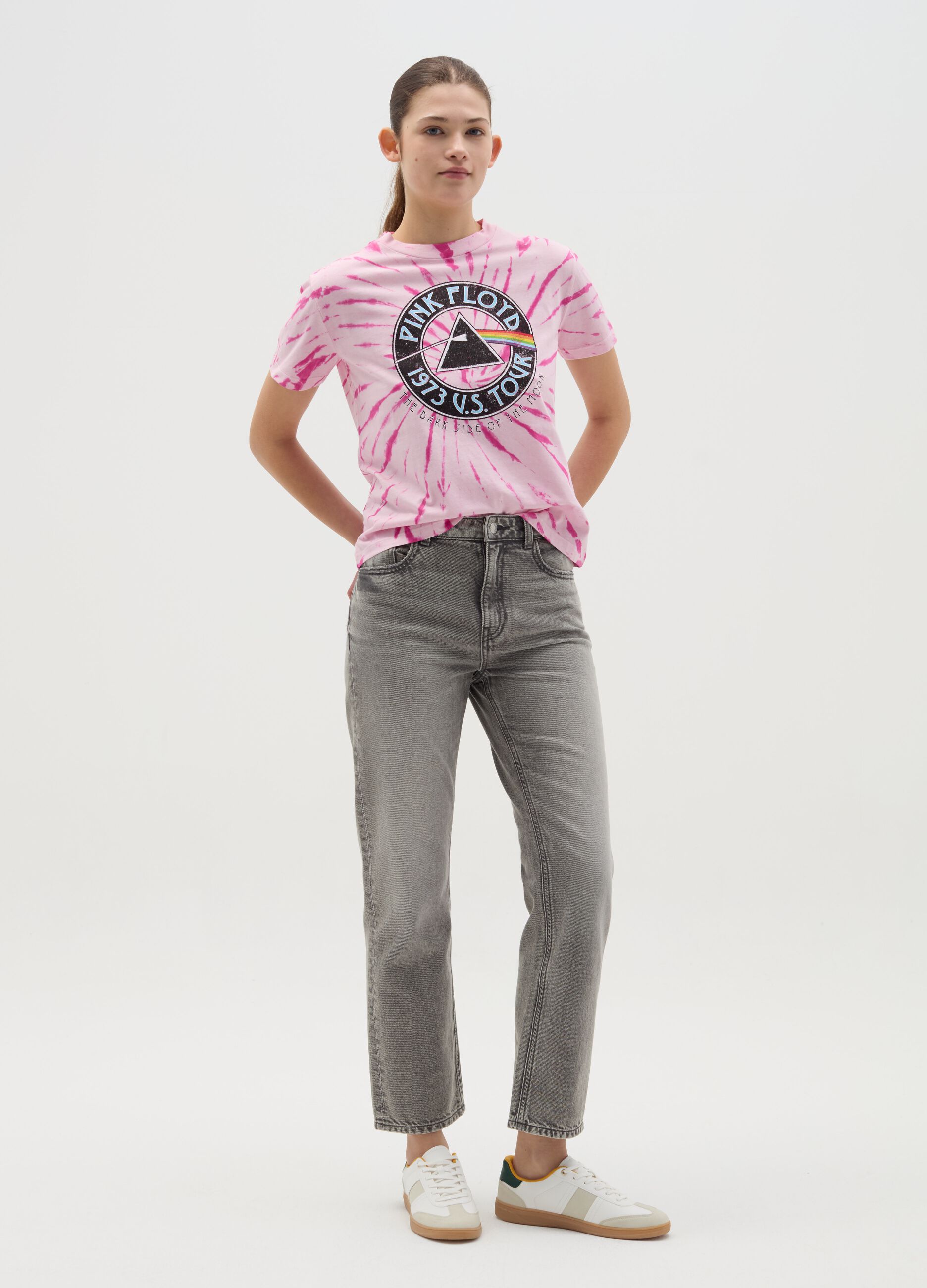 Tie-dye T-shirt with Pink Floyd print