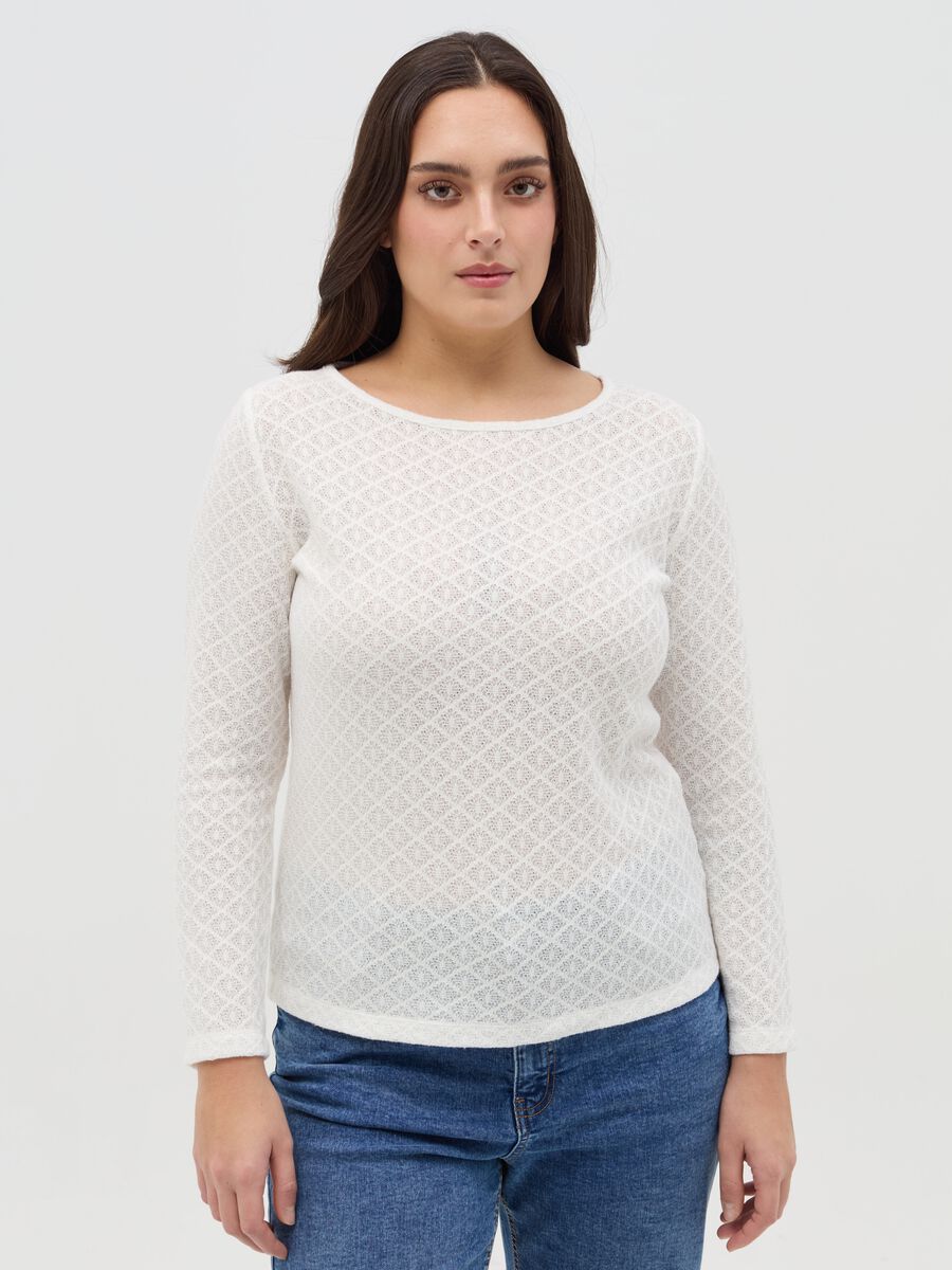 Curvy long-sleeved T-shirt with lace weave_0