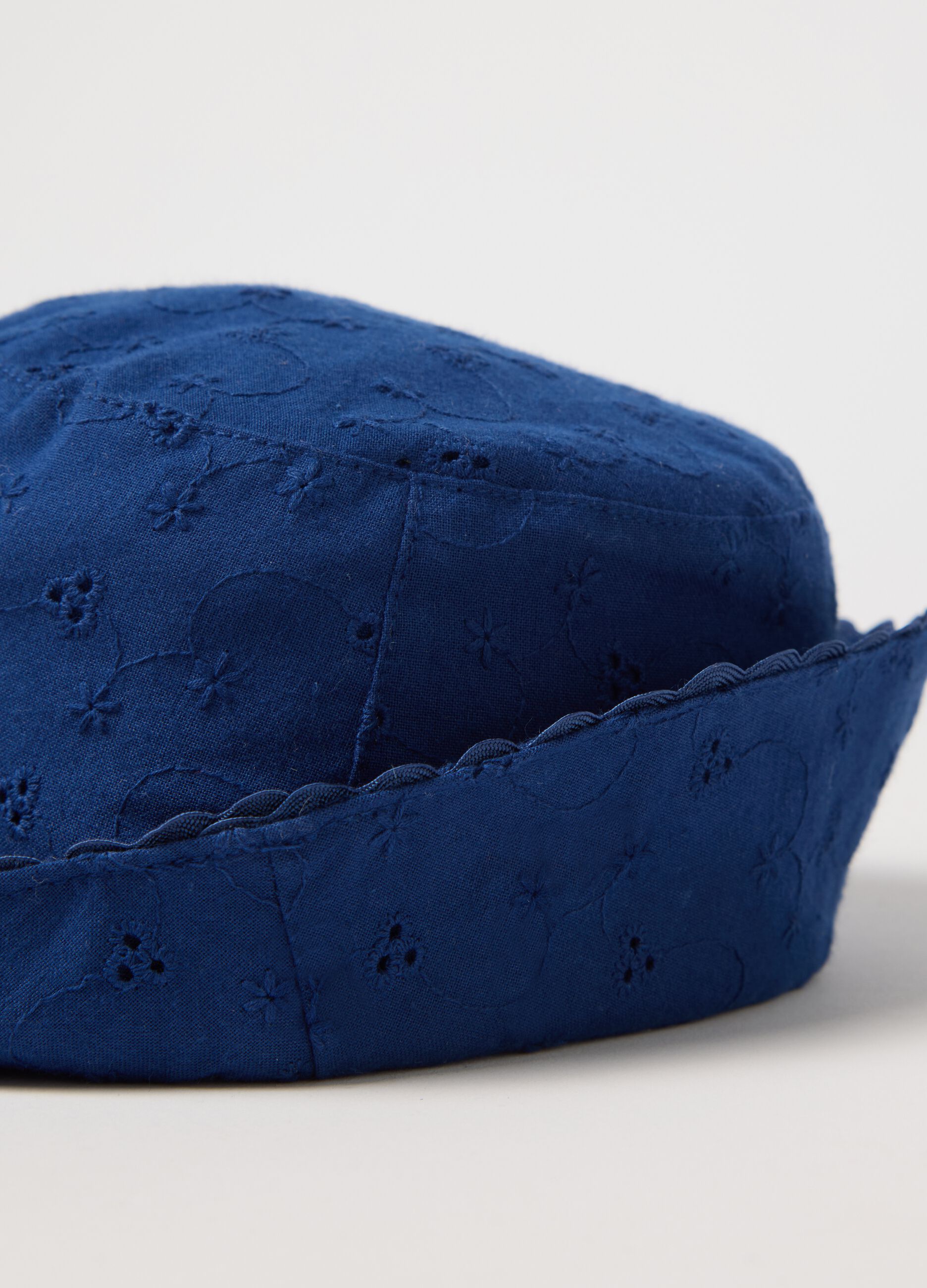 Blue cloche hat in broderie anglaise