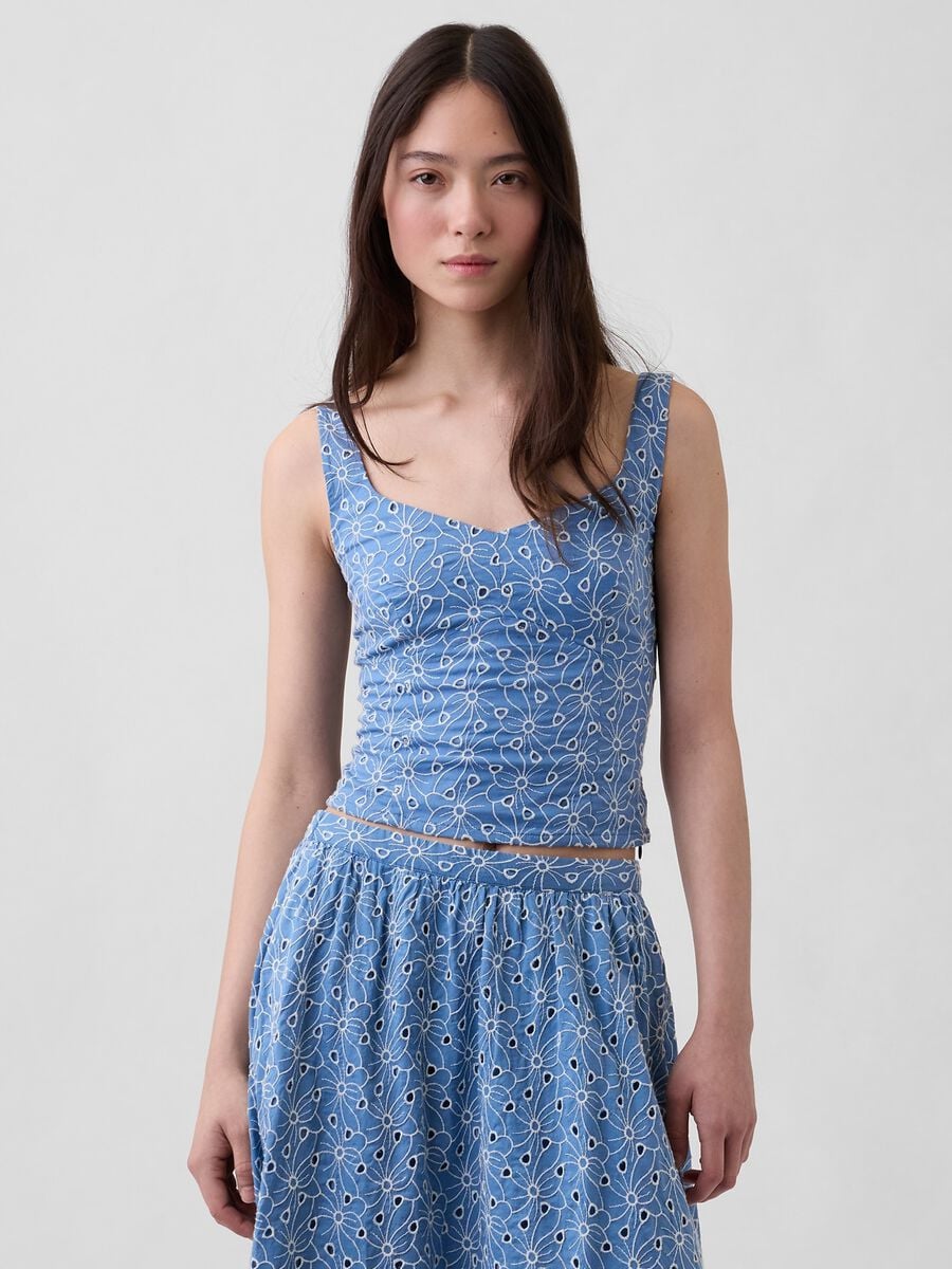 Top in puro cotone con ricamo floreale traforato_0