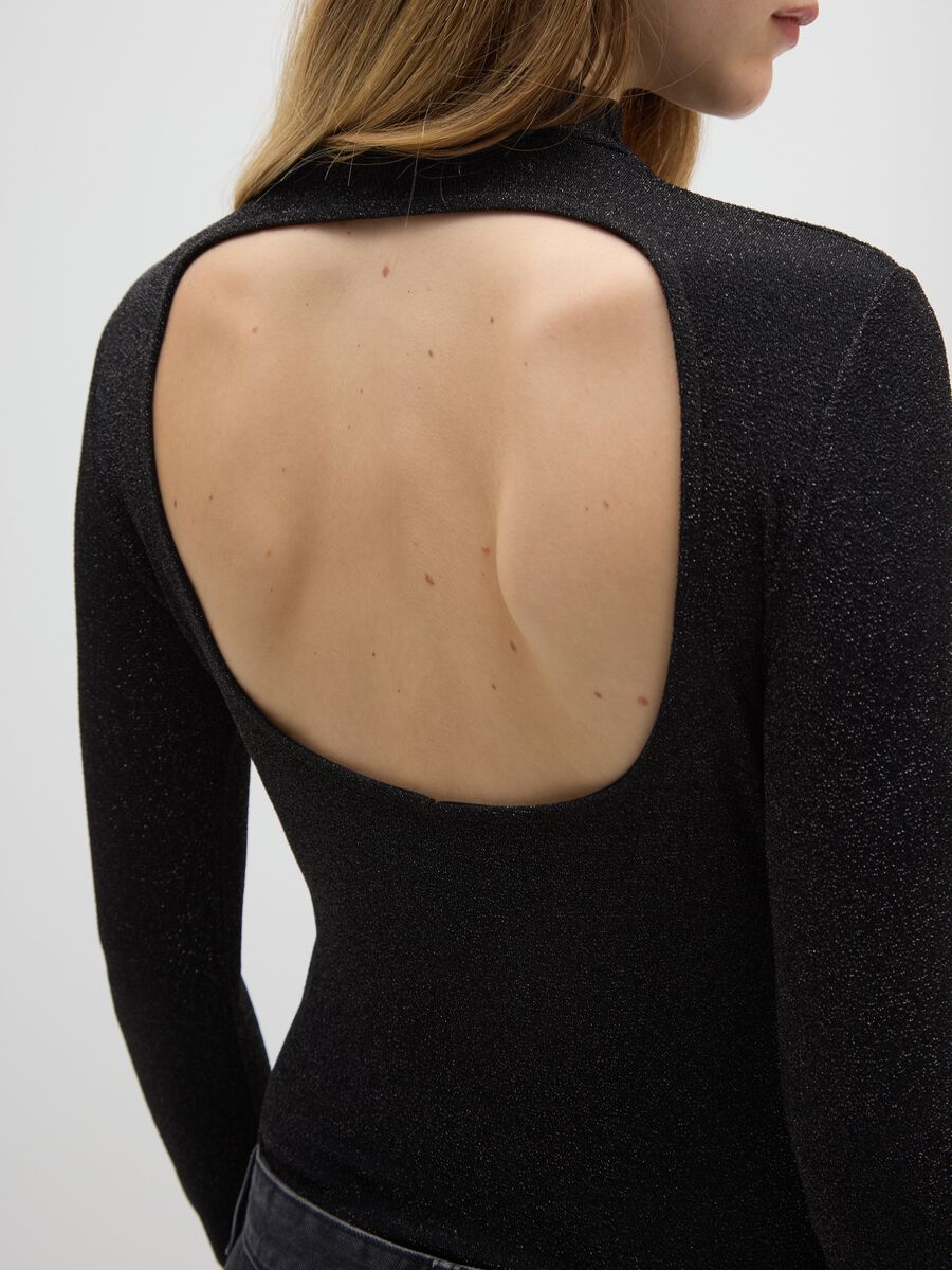 Body a collo alto nero in lurex regular fit con schiena scoperta_3