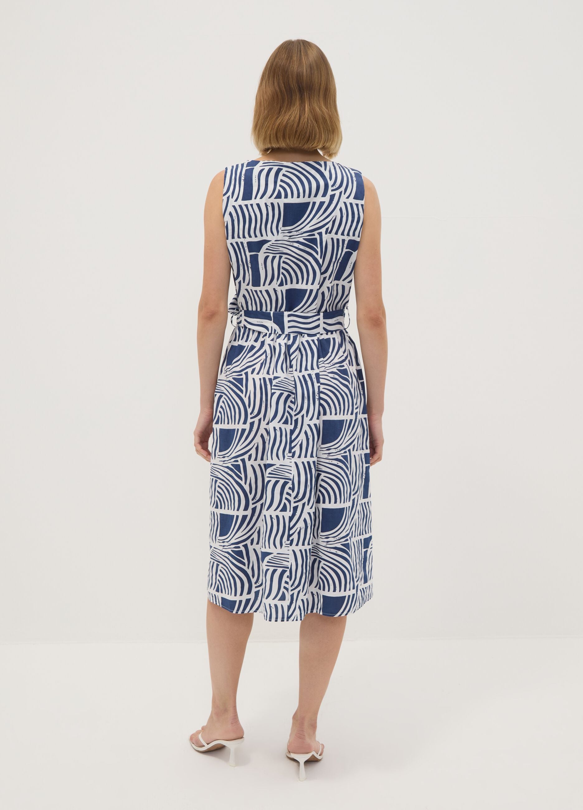 Abito blu in puro cotone con fantasia e cintura abbinata regular fit