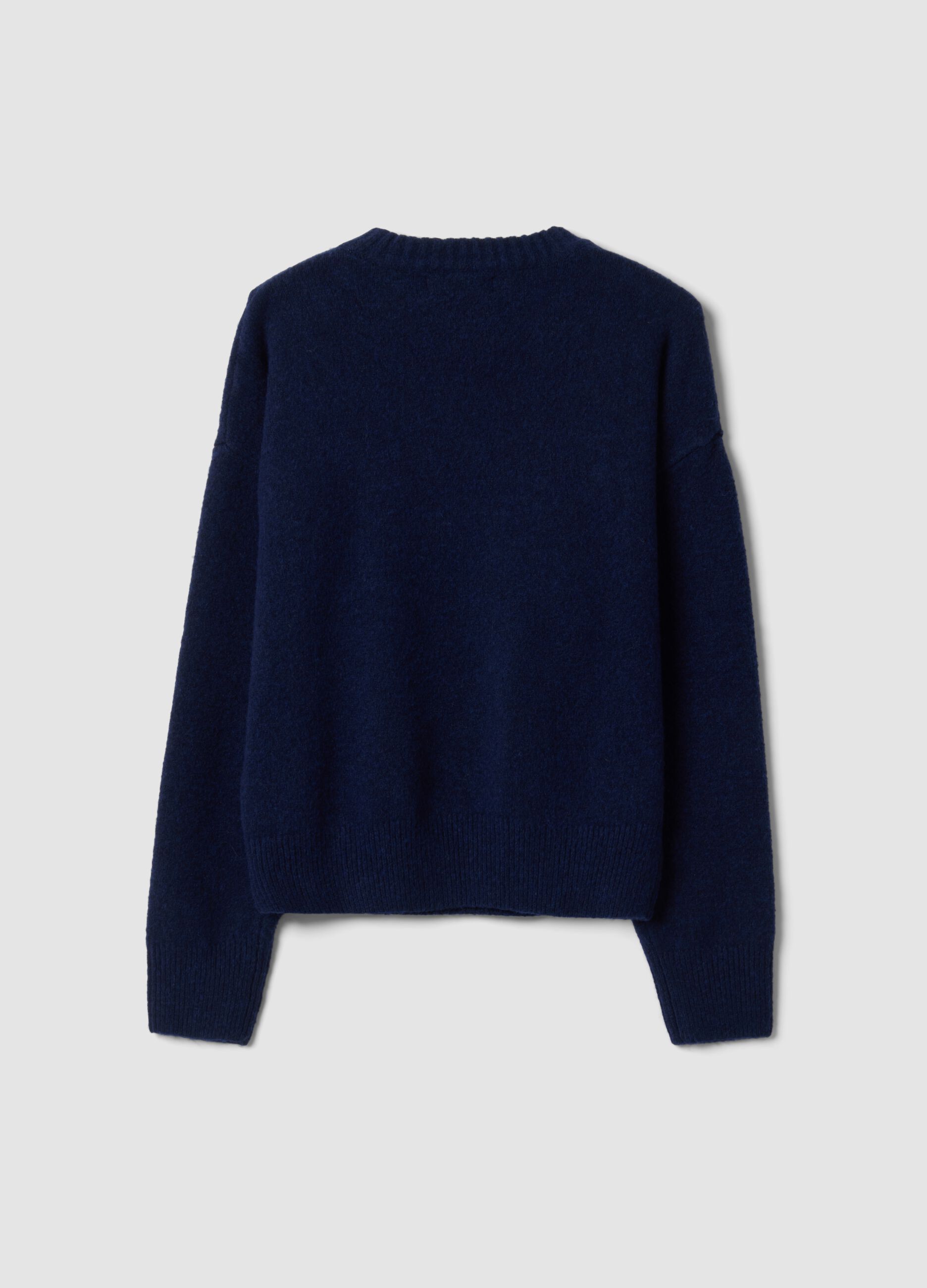 Blue stretch viscose jacquard crew-neck jumper