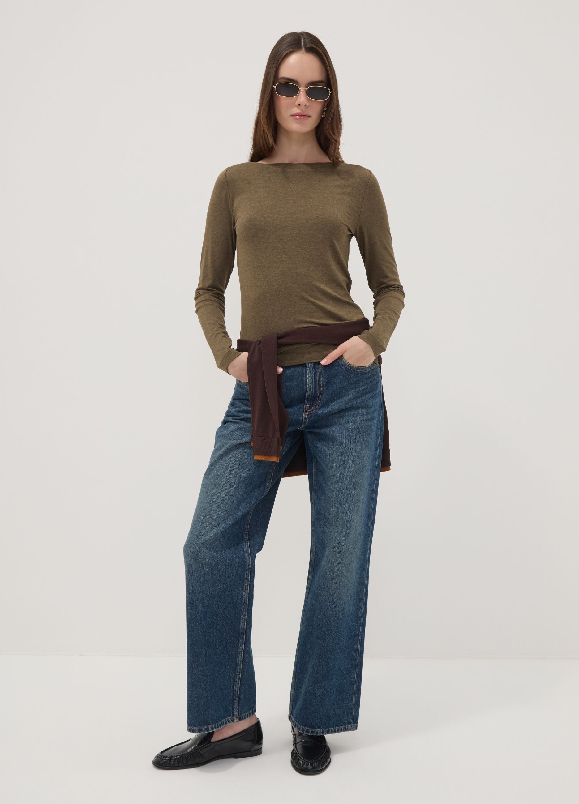 Green stretch viscose long-sleeve T-shirt