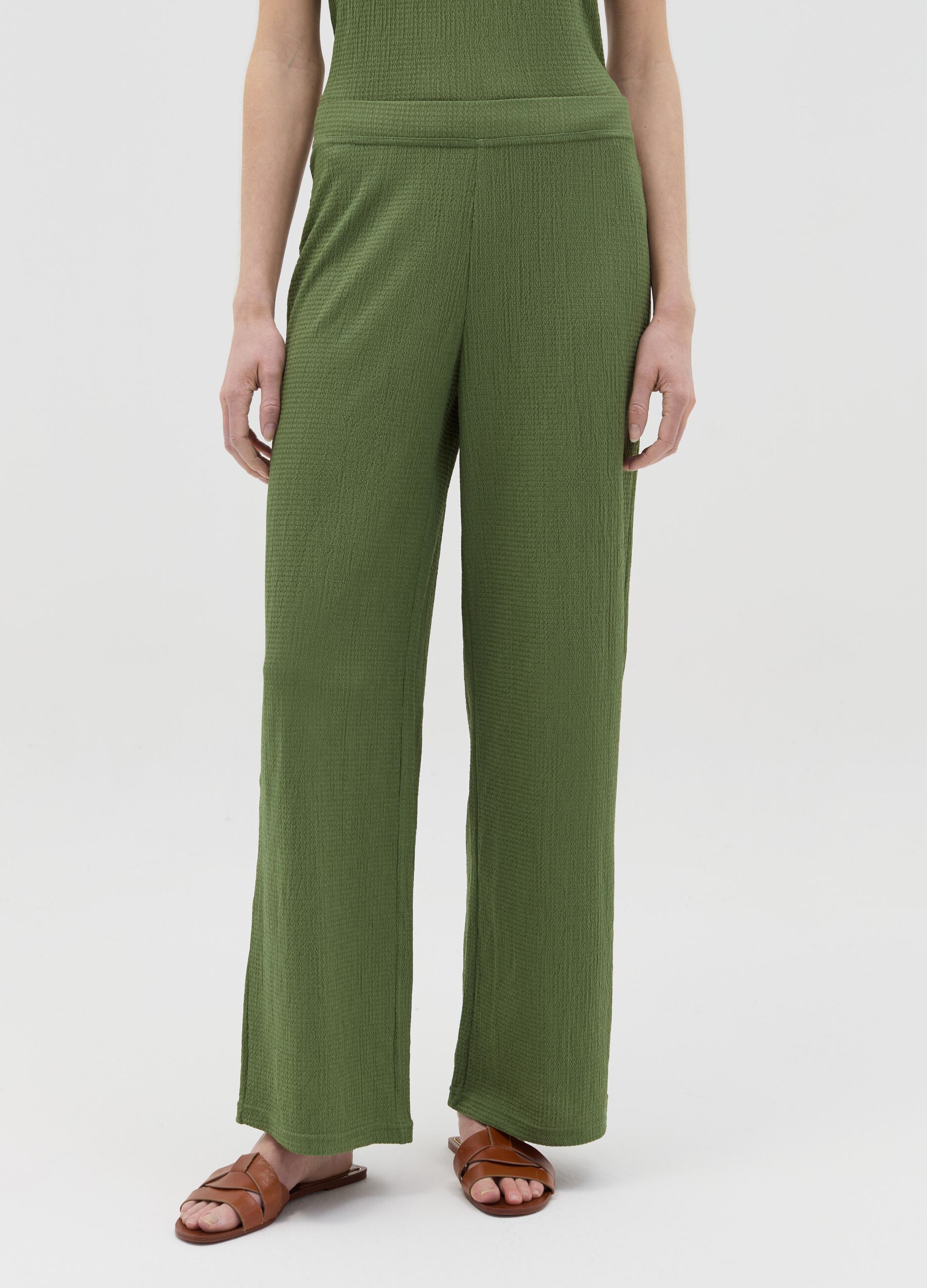 Wide-leg green trousers with waffle weave