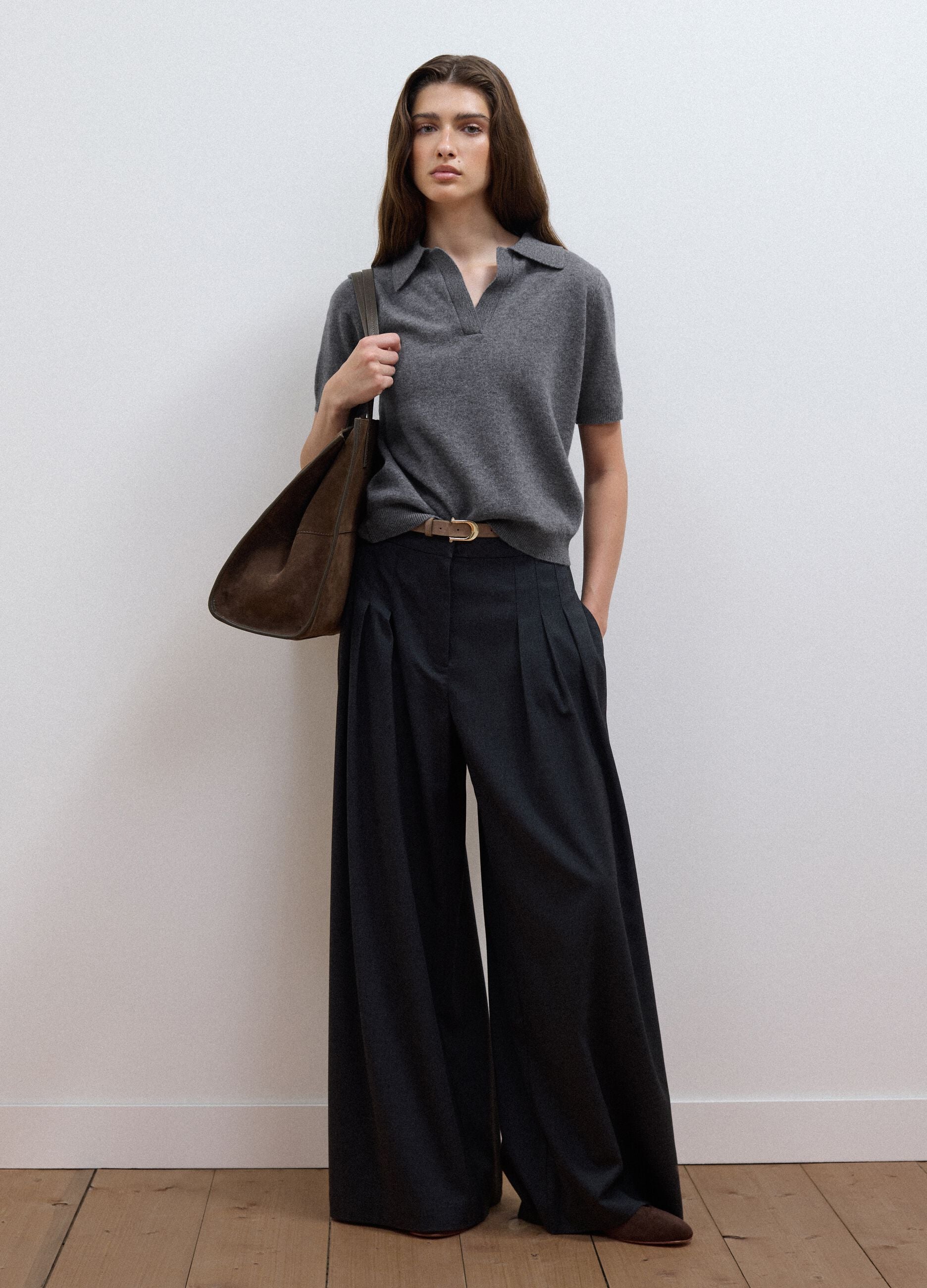 Grey pure wool polo-collar jumper with relaxed fit