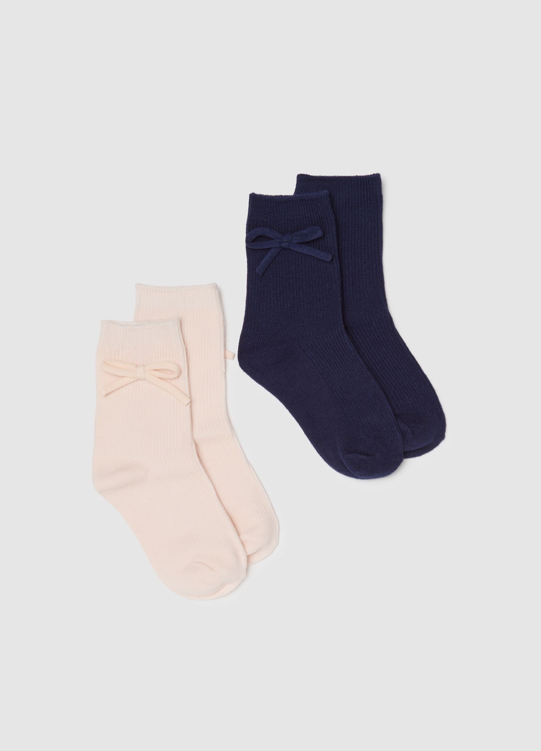Set of two-pack short cotton socks for girls in blue with bow