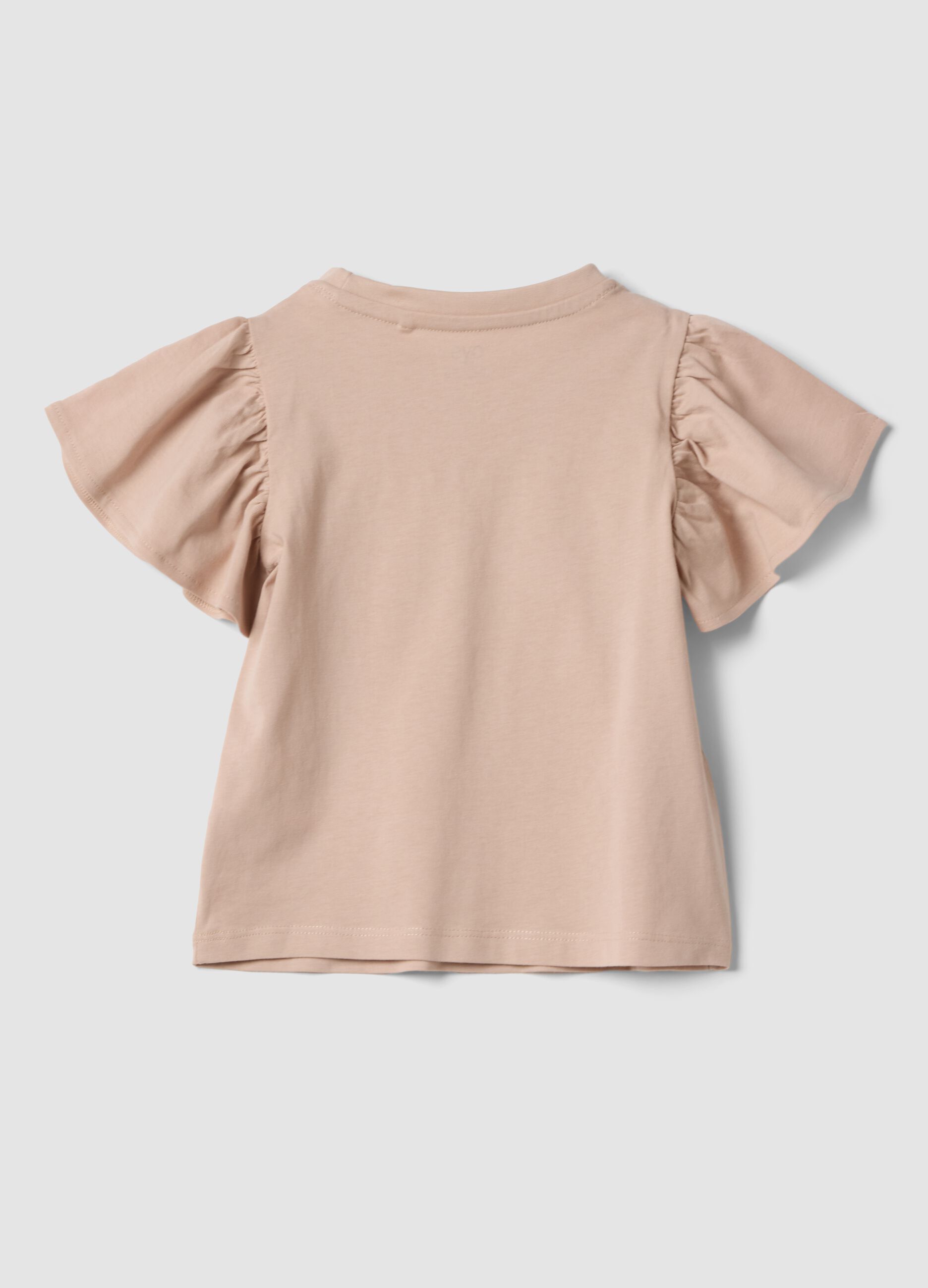 Girls&rsquo; beige pure cotton T-shirt with ruffles and rhinestones