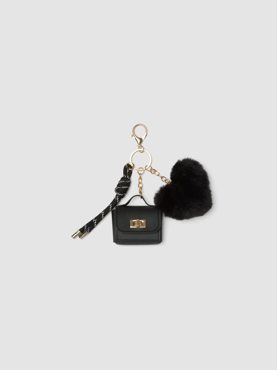 Black keyring with heart charm and mini pouch_0