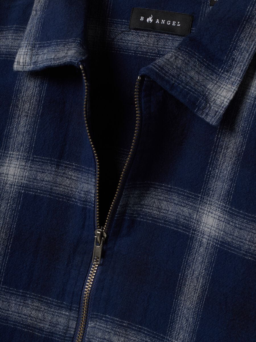 Camicia cropped blu in puro cotone a quadri con zip over fit_5