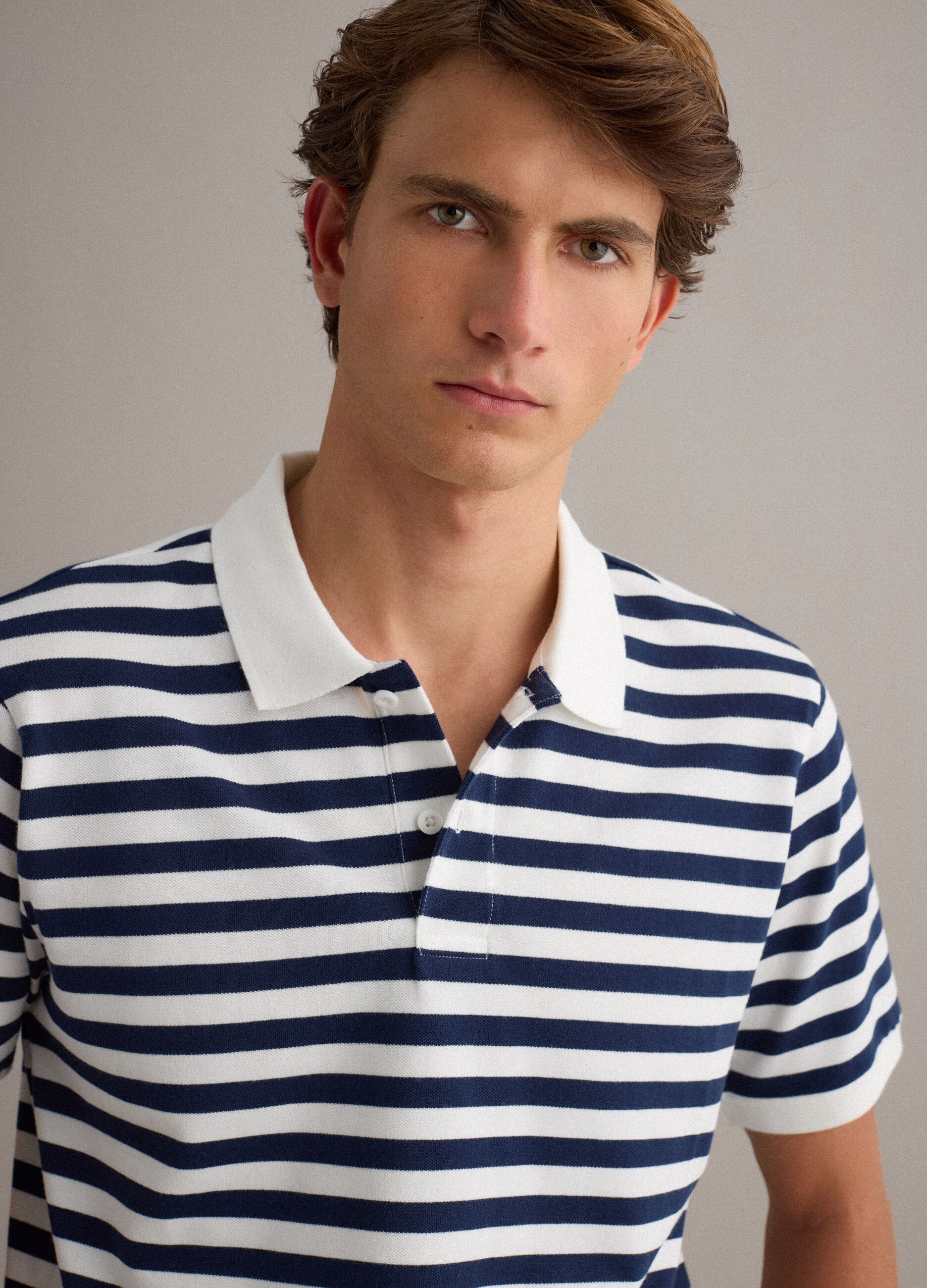 Blue and White Striped Pure Cotton Polo Shirt