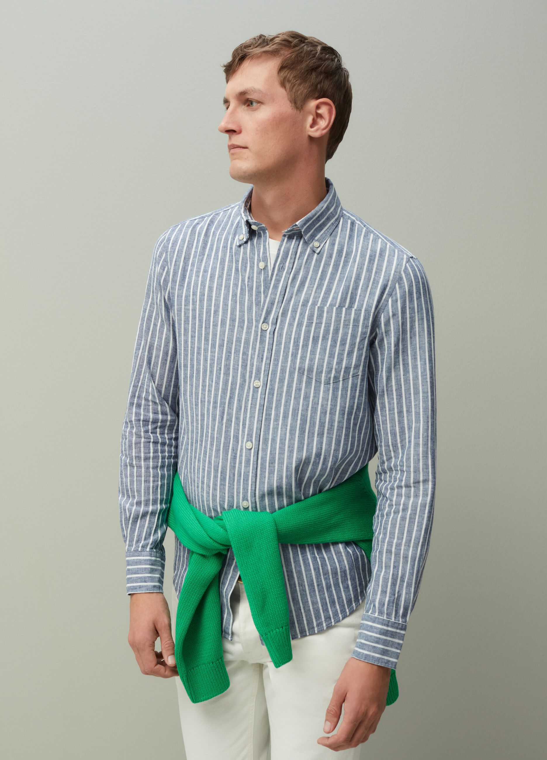 Regular-fit linen and cotton shirt with stripes