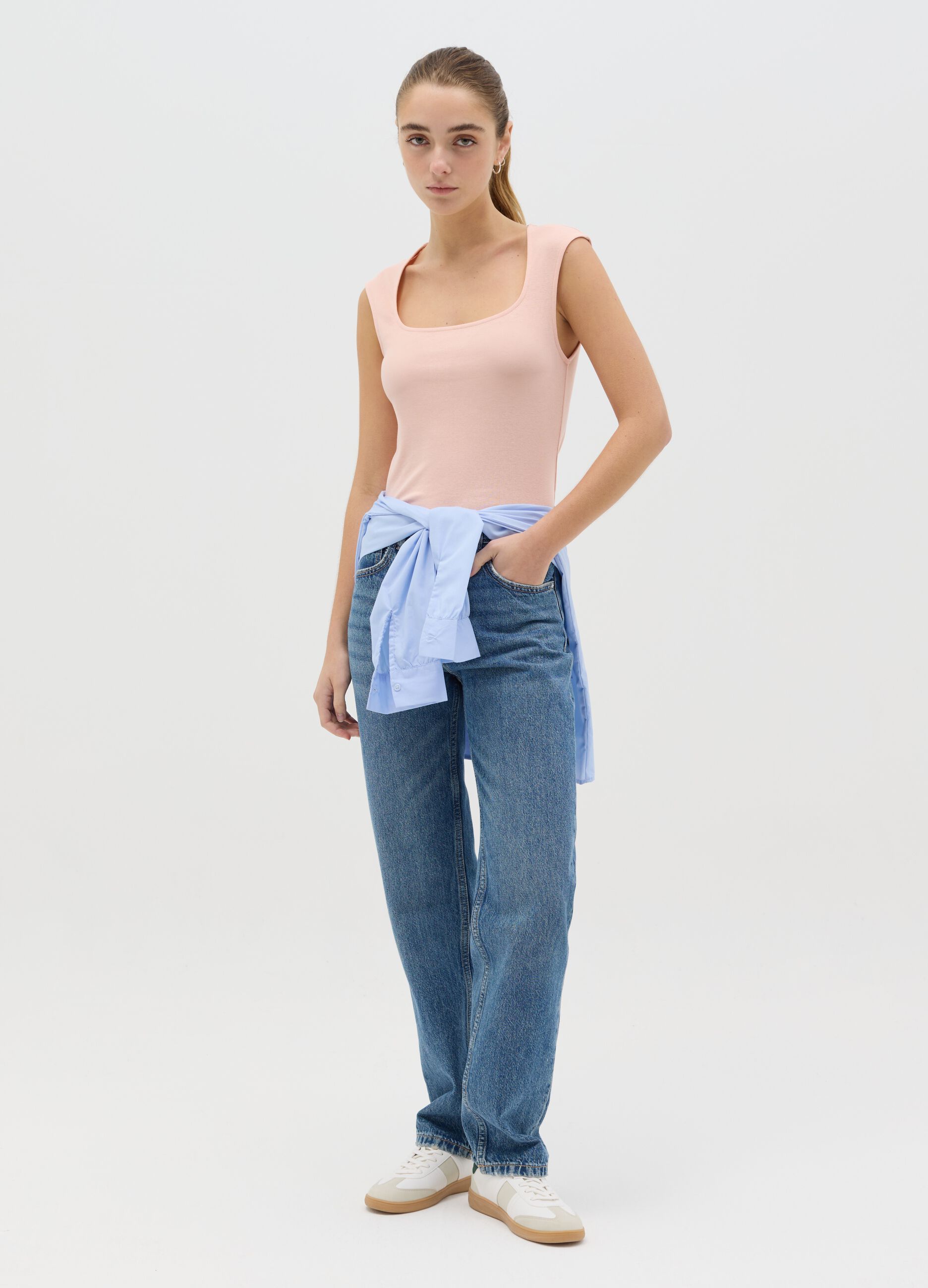 Pink tank top with square neckline