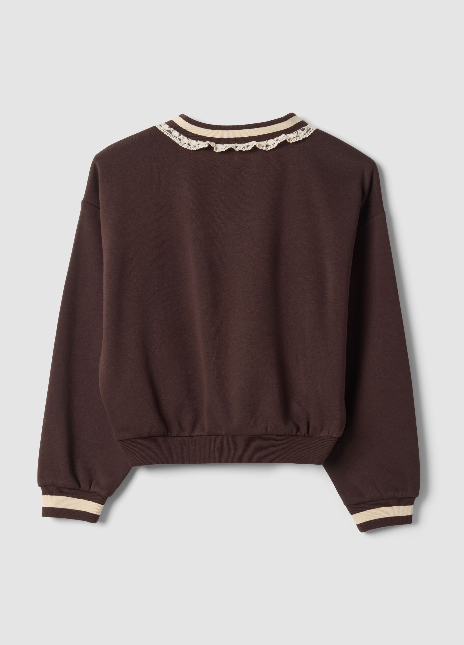 Brown cotton-blend sweatshirt with V-neck and lace detailing