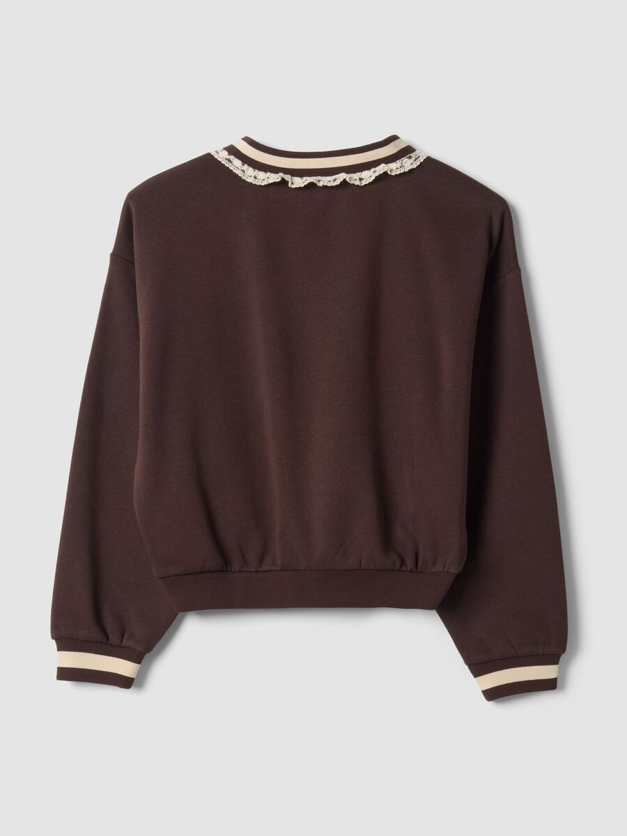 Brown cotton-blend sweatshirt with V-neck and lace detailing_2