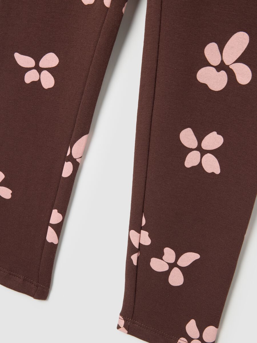 Girls' skinny cotton leggings in brown with floral prints_3