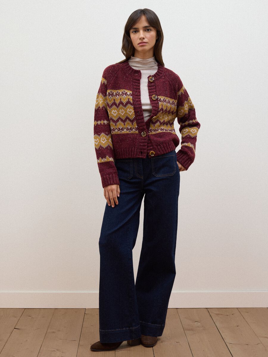 Cardigan rosso girocollo in misto lana jacquard regular fit_1