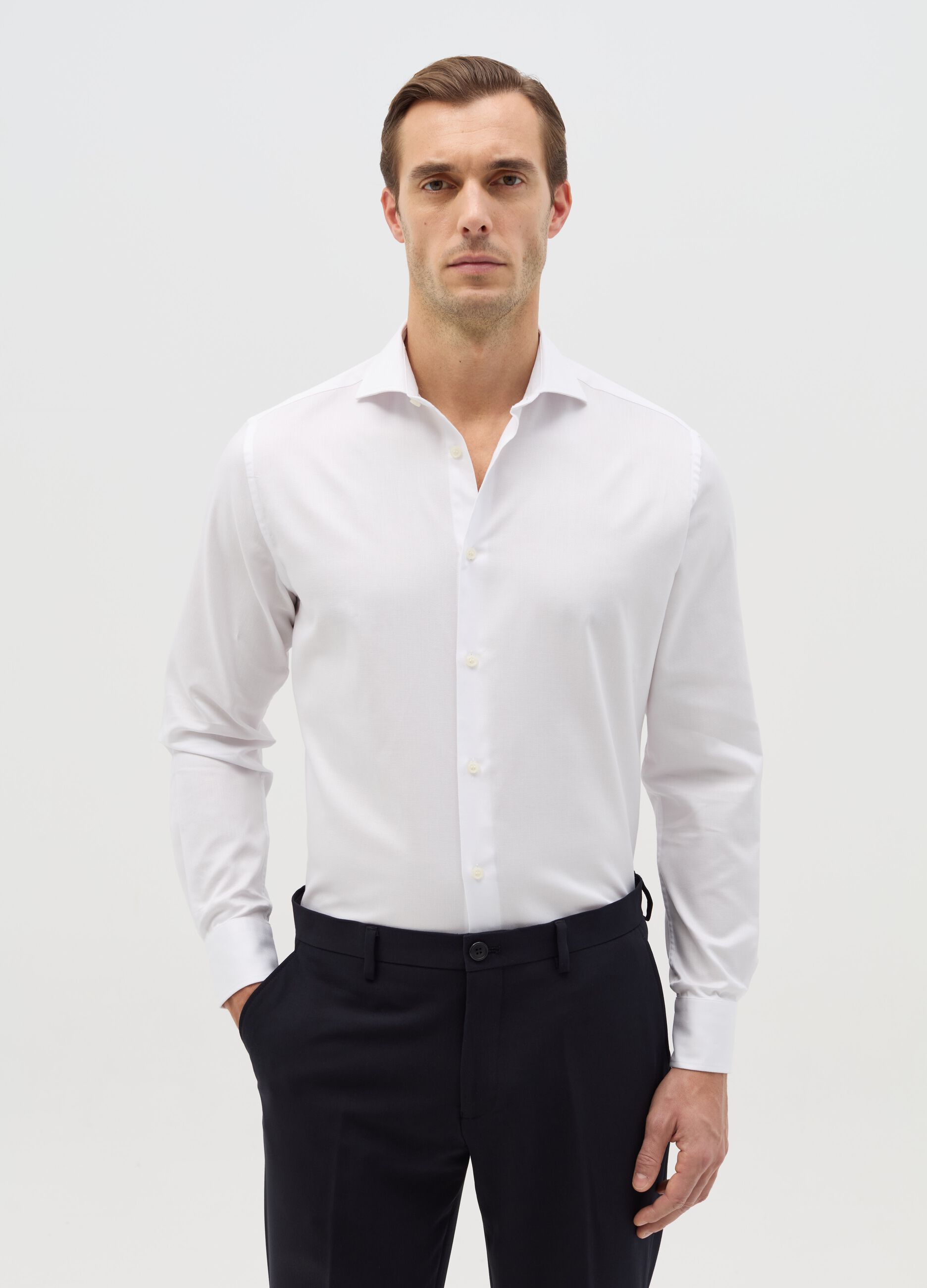Regular-fit easy-iron shirt in white Oxford cotton